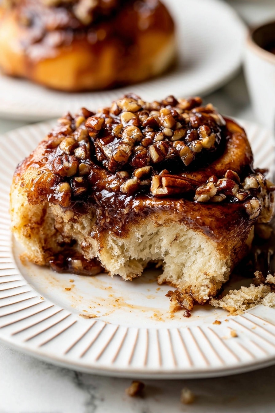 A close-up view of a cinnamon roll on a white plate with ridged edges, showing three main layers: the soft, fluffy light brown roll base with visible swirls of cinnamon inside, a shiny, thick dark brown glaze with a sticky texture covering the top, and a generous layer of chopped pecans scattered unevenly on top of the glaze. The cinnamon roll has a piece missing, revealing the airy inner texture and bits of cinnamon. There are crumbs on the plate, and a blurred second cinnamon roll is in the background on another white plate, all set on a white marbled surface. Photo taken with an iphone --ar 2:3 --v 7 - Maple Pecan Sticky Buns, maple pecan sticky buns recipe, gooey cinnamon buns with pecans, homemade sticky bun recipe, breakfast sweet rolls with maple