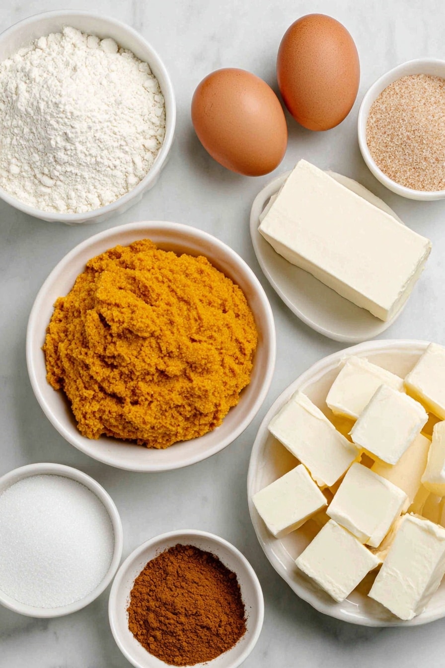 Flat lay of a small white ceramic bowl with warm milk, a few light brown fast rise yeast granules beside it, two brown uncracked eggs, a small white ceramic bowl filled with bright orange pumpkin puree, a small white ceramic bowl of fine white granulated sugar, a small white ceramic bowl of coarse light brown packed brown sugar, a small cluster of bright golden ground cinnamon powder, a small heap of mixed fragrant pumpkin pie spice powder, a small white ceramic bowl of fine white powdered sugar, a neat pile of off-white all-purpose flour, several small cubes of pale yellow unsalted butter, a block of smooth cream cheese, and a tiny white ceramic bowl of pure vanilla extract placed on a clean white marble surface, soft natural light, photo taken with an iPhone, professional food photography style, fresh ingredients, white ceramic bowls, no bottles, no duplicates, no utensils, no packaging --ar 2:3 --v 7 --p m7354615311229779997 - Pumpkin Cinnamon Rolls with Cream Cheese Icing, fall pumpkin cinnamon rolls, easy pumpkin cinnamon rolls, fluffy pumpkin cinnamon rolls, pumpkin spice cinnamon rolls
