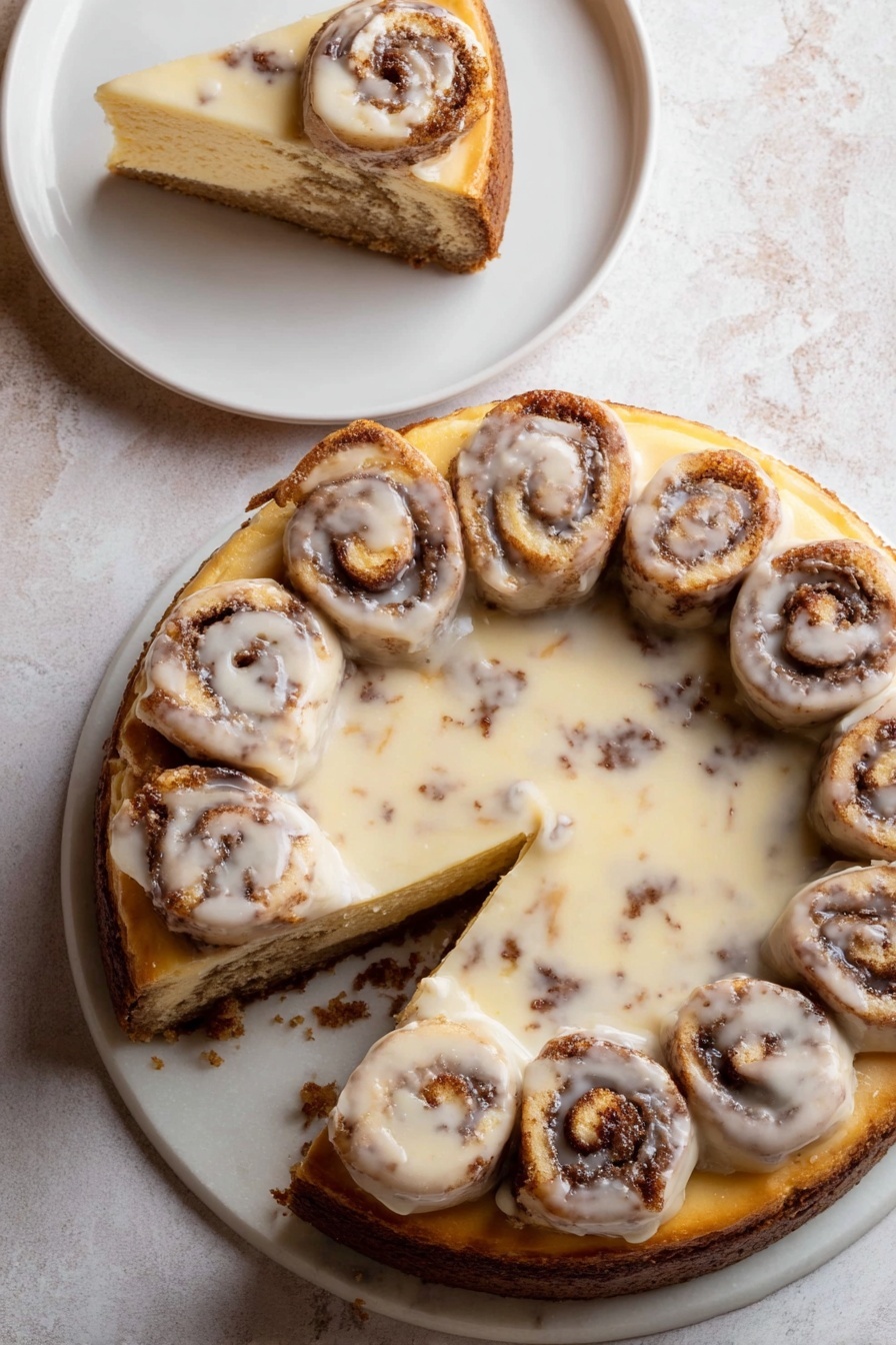 A round cheesecake with a brown crust holds a creamy off-white layer mixed with darker swirls of cinnamon. The top is covered with a smooth, shiny white glaze that has small cinnamon specks showing through. Around the edge of the cheesecake, there are eight small cinnamon rolls, each covered with a light layer of white icing. One slice is removed and placed on a white plate above the cheesecake, showing the thick creamy texture and cinnamon swirl inside the cake. The whole scene is set on a white marbled surface. photo taken with an iphone --ar 2:3 --v 7 - Cinnamon Roll Cheesecake, cinnamon roll cheesecake recipe, best cinnamon roll cheesecake, homemade cinnamon roll cheesecake, easy cinnamon dessert