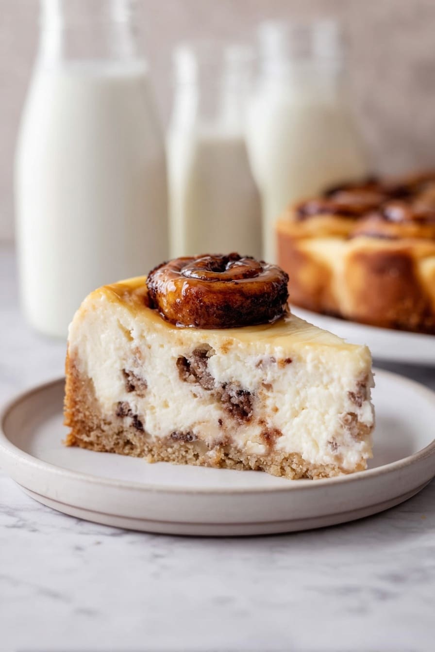 A slice of cheesecake with a light golden brown crust at the bottom, filled with creamy white cheese mixed with swirls of dark brown cinnamon or chocolate. On top of the cheesecake, a small cinnamon roll with a shiny glaze sits centered. The cheesecake is on a white plate with a slightly raised rim, resting on a white marbled surface. In the blurry background, there are glass bottles filled with white milk and more cinnamon rolls on a plate. photo taken with an iphone --ar 2:3 --v 7 - Cinnamon Roll Cheesecake, cinnamon roll cheesecake recipe, best cinnamon roll cheesecake, homemade cinnamon roll cheesecake, easy cinnamon dessert