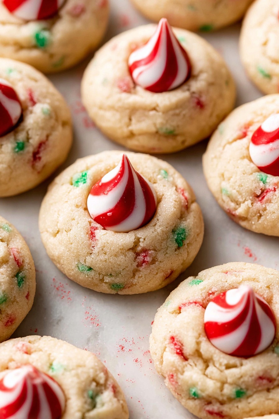 The image shows several round cookies placed closely together on a white marbled surface. Each cookie has a soft, creamy beige color with small green and red specks scattered throughout the dough, suggesting bits of candy or sprinkles inside. In the center of each cookie, there is one striped red and white candy shaped like a small drop or peak, standing upright. The cookies have a slightly bumpy texture, and some crumbs are visible on the surface around them. The lighting highlights the smoothness of the candy tops and the softness of the cookie base, capturing a fresh and festive look. Photo taken with an iphone --ar 2:3 --v 7 - Peppermint Kiss Cookies, holiday cookies, minty cookie recipe, chocolate peppermint cookies, festive cookie treats