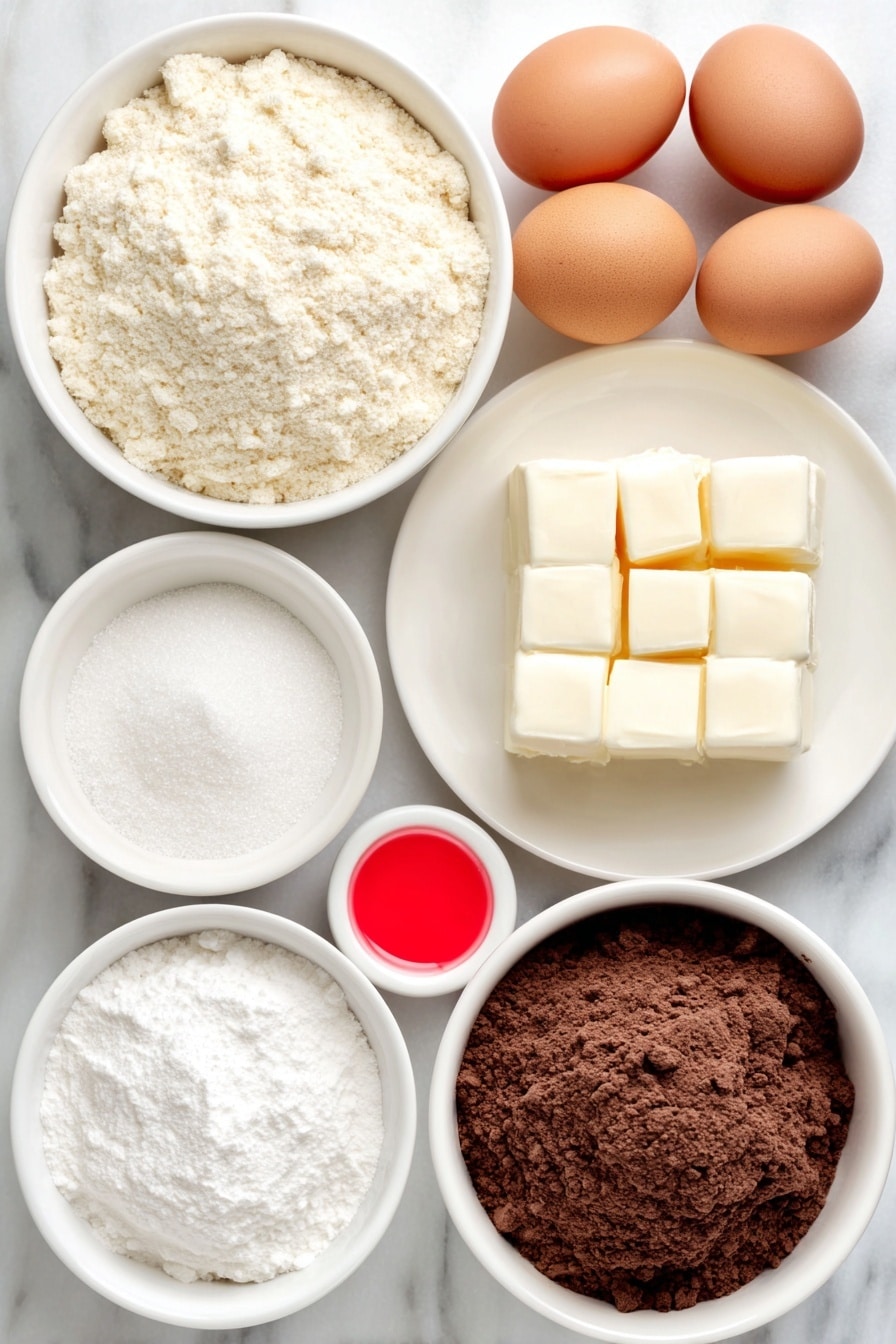 Flat lay of a small white ceramic bowl of super fine almond flour, a small white ceramic bowl of confectioners' sugar, a small white ceramic bowl of Dutch processed cocoa powder, three whole uncracked brown eggs, a small white ceramic bowl of super fine white sugar, a small white ceramic bowl with bright red gel food coloring, a few small cubes of unsalted butter on a simple white ceramic plate, a small block of cream cheese on a simple white ceramic plate, a small white ceramic bowl of confectioners' sugar for frosting, and a small white ceramic bowl of vanilla extract placed on a clean white marble surface, soft natural light, photo taken with an iPhone, professional food photography style, fresh ingredients, white ceramic bowls, no bottles, no duplicates, no utensils, no packaging --ar 2:3 --v 7 --p m7354615311229779997 - Red Velvet Macarons with Cream Cheese Filling, red velvet macaron recipe, chocolate almond macarons, festive dessert ideas, elegant dessert recipes