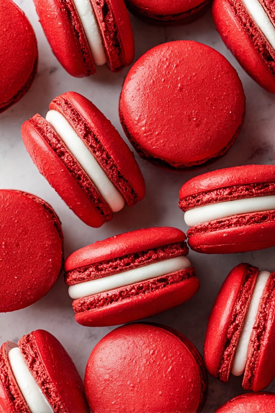 The image shows a stack of three bright red macarons with smooth, rounded tops and creamy white filling layers in the middle, placed on a white marbled surface. Around the stack, more red macarons lie scattered, some whole and one broken to reveal its creamy white filling inside. To the left of the stack, a clear glass bottle filled halfway with white milk stands upright. The background is soft and white marbled, creating a clean and simple look. Photo taken with an iphone --ar 2:3 --v 7 - Red Velvet Macarons with Cream Cheese Filling, red velvet macaron recipe, chocolate almond macarons, festive dessert ideas, elegant dessert recipes