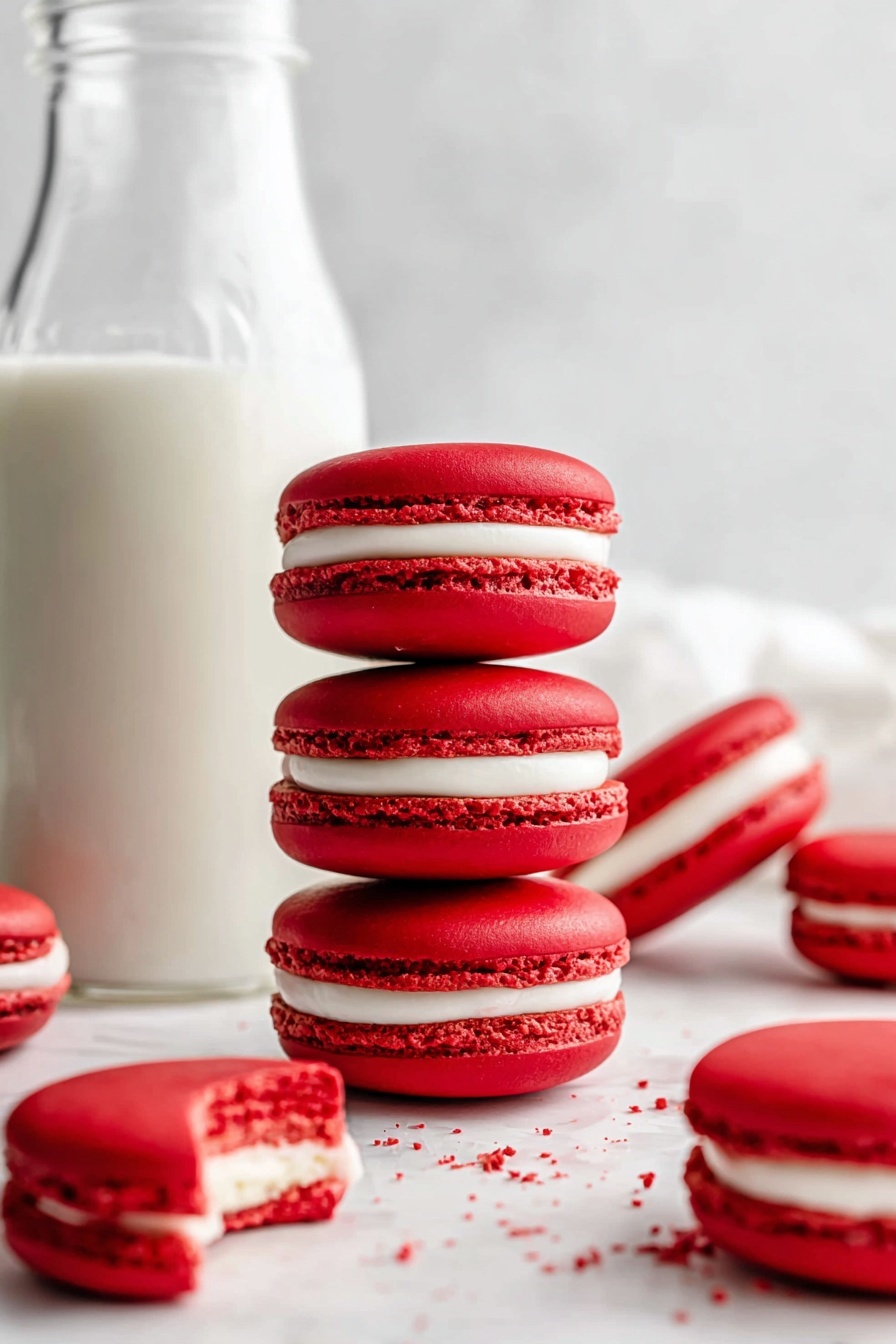 The image shows many red macarons lined up close together with a smooth, shiny surface on the top and bottom shells. Each macaron has two red shells with a thin, rough edge, sandwiching a thick, creamy white filling in the middle. The filling looks soft and smooth, slightly wider than the shells, causing a neat layer that goes around each macaron. The background is a white marbled texture that contrasts with the bright red color of the macarons. photo taken with an iphone --ar 2:3 --v 7 - Red Velvet Macarons with Cream Cheese Filling, red velvet macaron recipe, chocolate almond macarons, festive dessert ideas, elegant dessert recipes