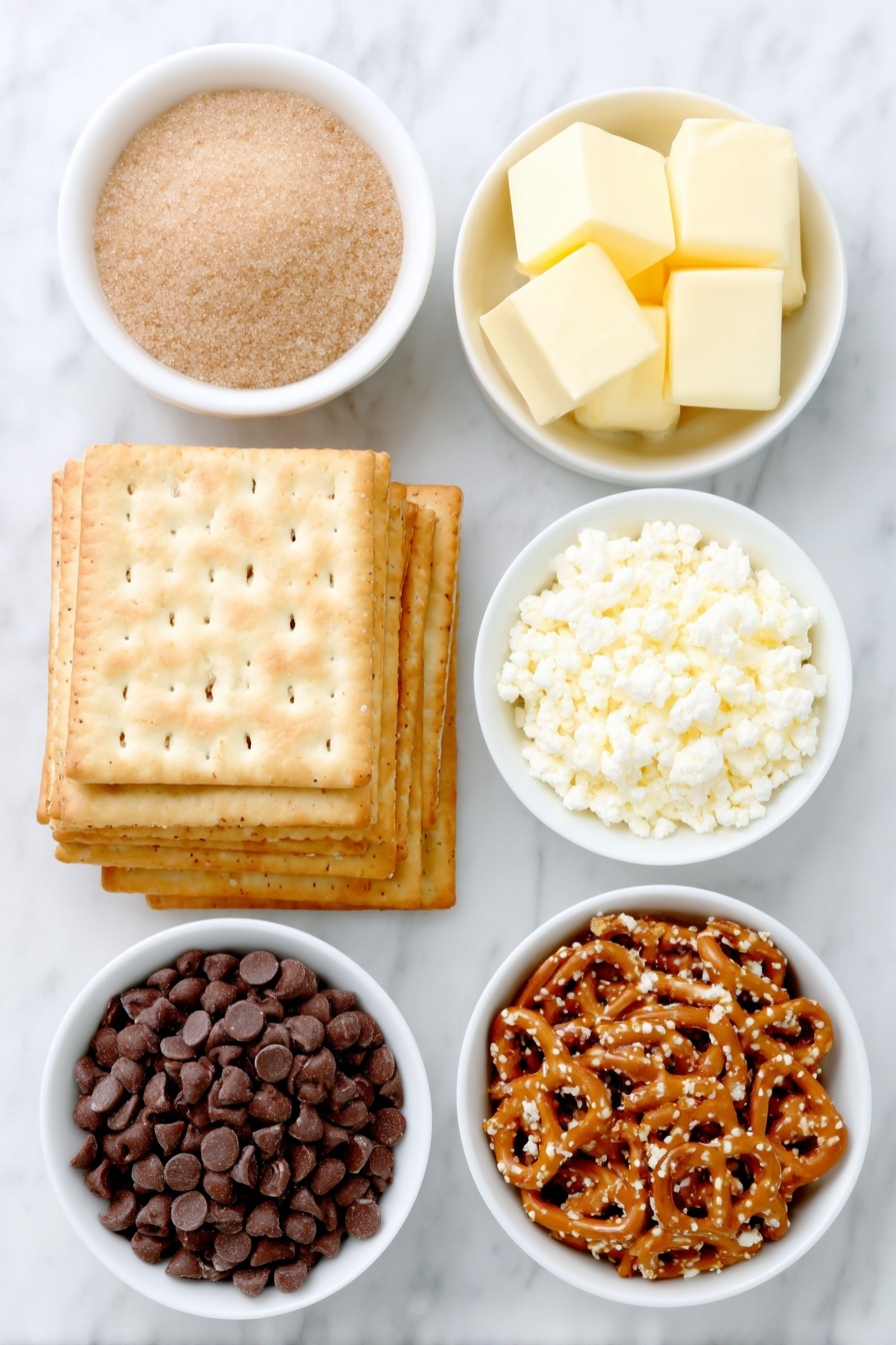 Flat lay of a large stack of fresh saltine crackers arranged neatly, a small white ceramic bowl filled with unsalted butter cubes, another small white bowl holding packed brown sugar, a third small white bowl containing light golden corn syrup, a simple white bowl with semi-sweet chocolate chips, a small white bowl of finely chopped white chocolate chunks, a modest pile of fresh pretzels, and a small white bowl filled with crunchy toffee bits, all placed on a clean white marble surface, soft natural light, photo taken with an iPhone, professional food photography style, fresh ingredients, white ceramic bowls, no bottles, no duplicates, no utensils, no packaging --ar 2:3 --v 7 --p m7354615311229779997 - Christmas Saltine Toffee Candy, holiday saltine cracker candy, easy holiday treats, buttery salty sweet candy, festive Christmas desserts