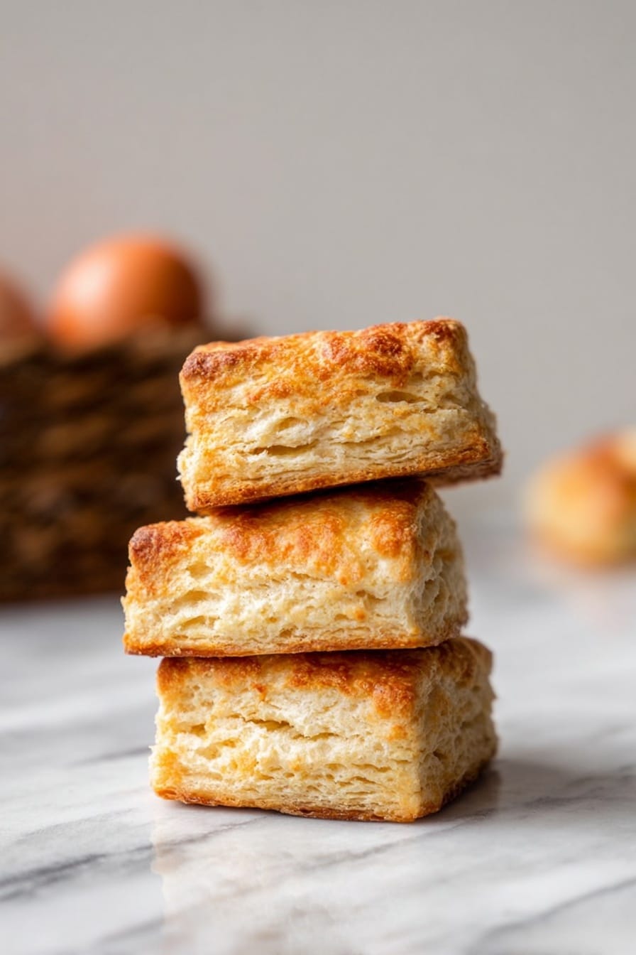 A round brown woven basket holds five golden brown biscuits with a crumbly top layer and soft, flaky texture inside. A white cloth lines the basket, peeking out slightly under the biscuits. The basket sits on a white marbled surface with a plain light gray background. photo taken with an iphone --ar 2:3 --v 7 - Cheddar Cornmeal Biscuits, cheesy cornmeal biscuits, easy biscuit recipe, savory breakfast biscuits, crispy cornmeal biscuits