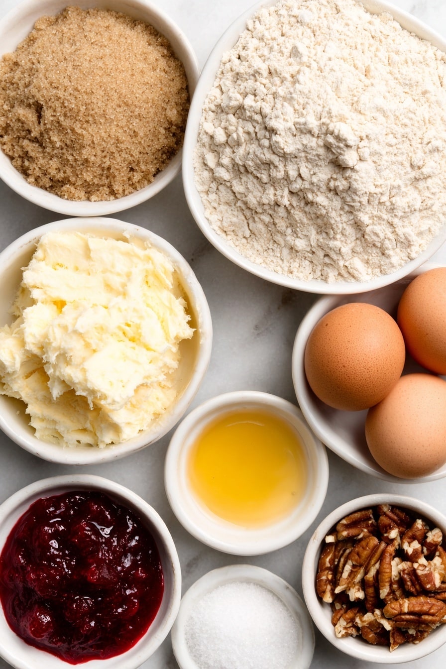 Flat lay of softened butter in a small white ceramic bowl, light brown packed brown sugar in a small white bowl, rolled oats in a simple white bowl, all-purpose flour in a white bowl, a few whole uncracked brown eggs with clean shells arranged neatly, small white bowl of vanilla extract, white bowl with baking powder, a pinch of coarse salt scattered artfully, a small white bowl filled with bright red cranberry sauce, melted butter pooled in a shallow white ceramic bowl, finely crushed pecans in a white bowl, ground cinnamon in a small white bowl, all placed on a clean white marble surface, soft natural light, photo taken with an iPhone, professional food photography style, fresh ingredients, white ceramic bowls, no bottles, no duplicates, no utensils, no packaging --ar 2:3 --v 7 --p m7354615311229779997 - Cranberry Oat Bars with Pecan Topping, cranberry oat dessert, easy holiday bar recipe, tart cranberry bars, pecan oat crumble bars
