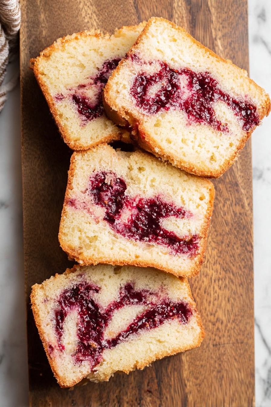 The image shows four thick slices of light-colored cake with a soft texture, laid out on a wooden board over a white marbled surface. Each slice features one layer with a swirled section of deep red berry jam running through the middle, creating a rough, uneven pattern of dark red and purple hues. The outer edges of the cake are golden brown and slightly crispy, contrasting with the soft, pale interior. The slices are arranged with a bit of space between them, showing the jagged edges where they have been separated. photo taken with an iphone --ar 2:3 --v 7 - Cranberry Swirl Pound Cake, festive cranberry pound cake, moist cranberry pound cake, holiday cranberry dessert, easy cranberry pound cake