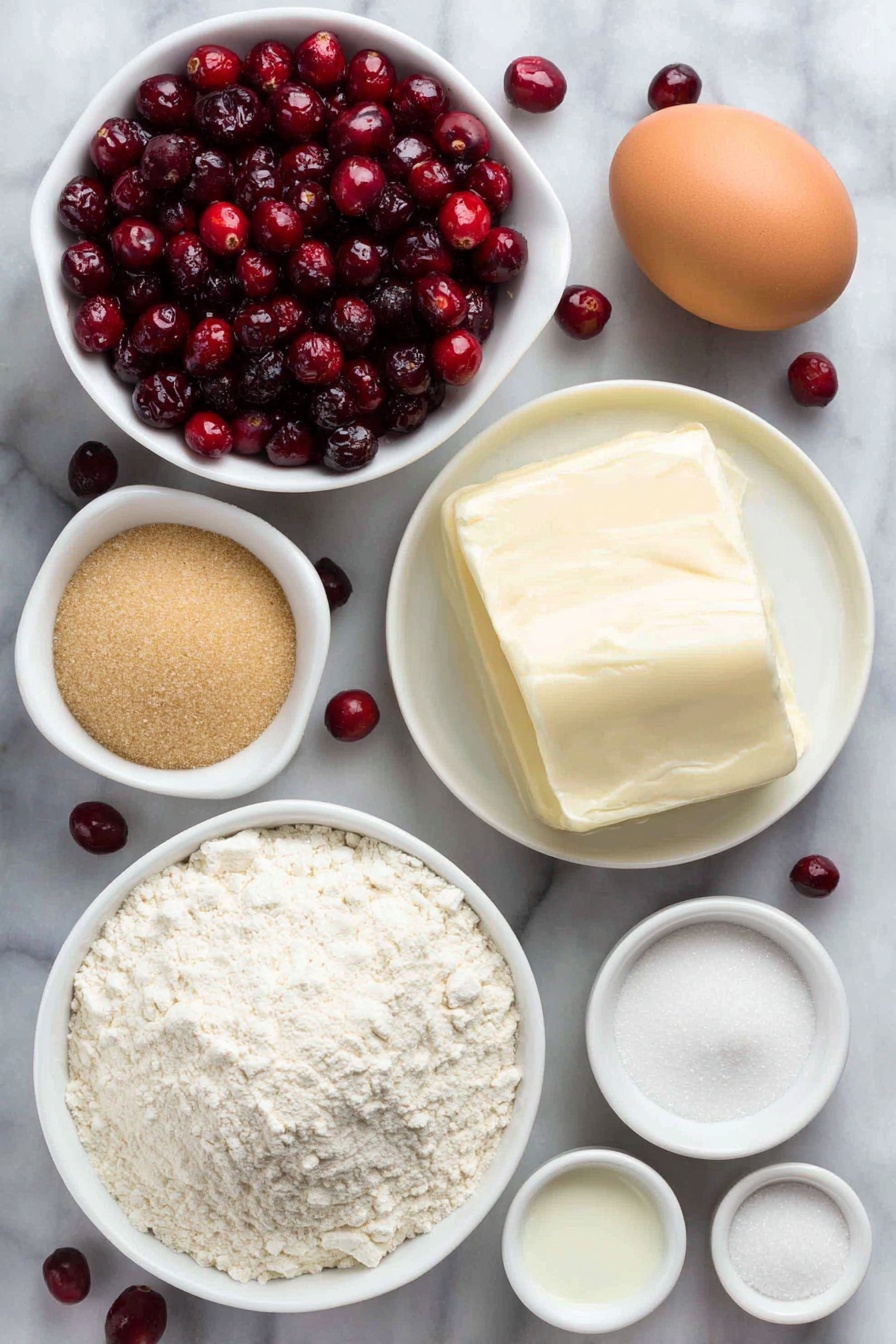 Flat lay of fresh bright red cranberries spilling gently from a small simple white ceramic bowl, a small white bowl filled with granulated sugar crystals, a neat pile of all-purpose flour on a white ceramic plate, a small mound of golden brown sugar on another white ceramic plate, a solid chunk of pale yellow softened unsalted butter resting on a white ceramic dish, a single large brown whole egg with a smooth uncracked shell, a small white bowl filled with creamy plain yogurt, a small white bowl containing clear vanilla extract liquid, and scattered teaspoons of baking powder, baking soda, and a pinch of salt arranged symmetrically in white ceramic bowls, placed on a clean white marble surface, soft natural light, photo taken with an iPhone, professional food photography style, fresh ingredients, white ceramic bowls, no bottles, no duplicates, no utensils, no packaging --ar 2:3 --v 7 --p m7354615311229779997 - Cranberry Yogurt Muffins, cranberry muffins, yogurt muffins, healthy breakfast muffins, easy cranberry muffin recipe