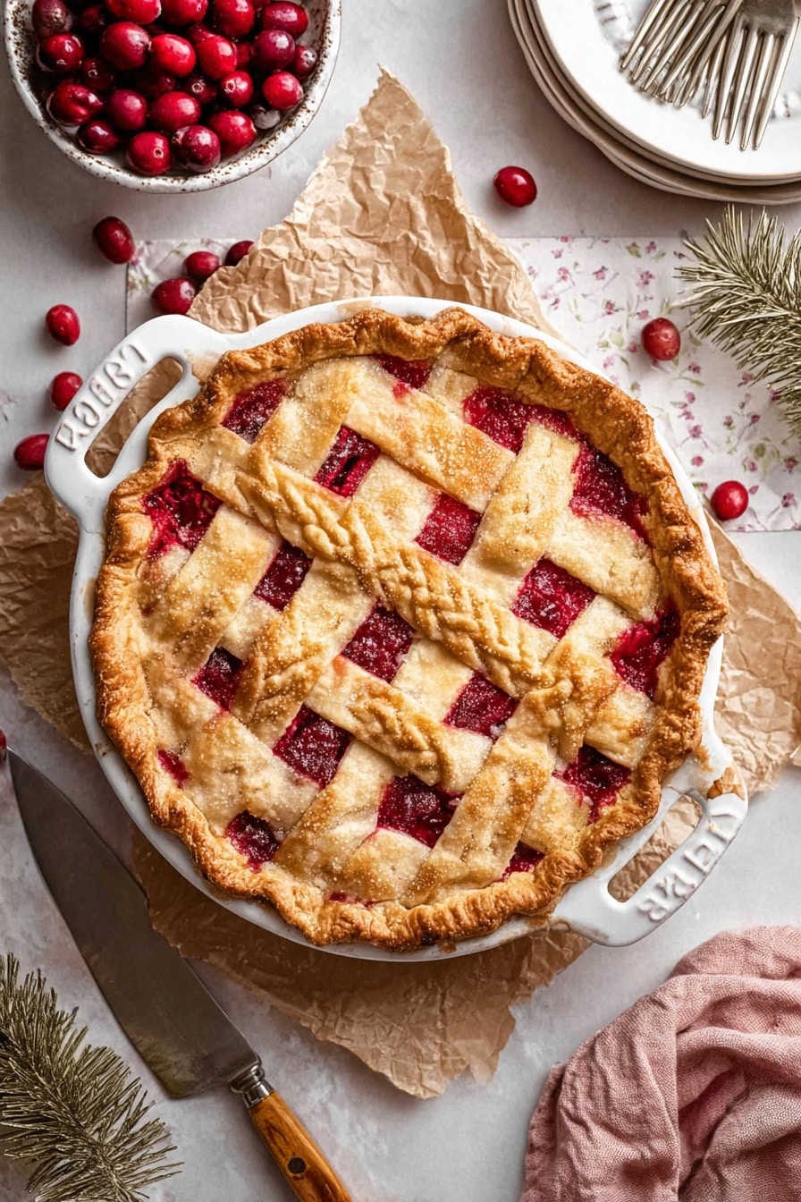 A slice of red berry pie with a golden brown, flaky crust sits on a white plate, showing a juicy, chunky red berry filling inside. On top of the pie slice is a smooth, round scoop of white vanilla ice cream with tiny black specks. The plate is placed on a reddish surface with scattered red berries around it, and in the background, there is a white bowl filled with more red berries and a white cup, all against a soft pink wall and a white marbled texture surface. photo taken with an iphone --ar 2:3 --v 7 - Best Cranberry Pie, Cranberry Pie recipe, festive cranberry pie, easy cranberry pie, holiday dessert recipes