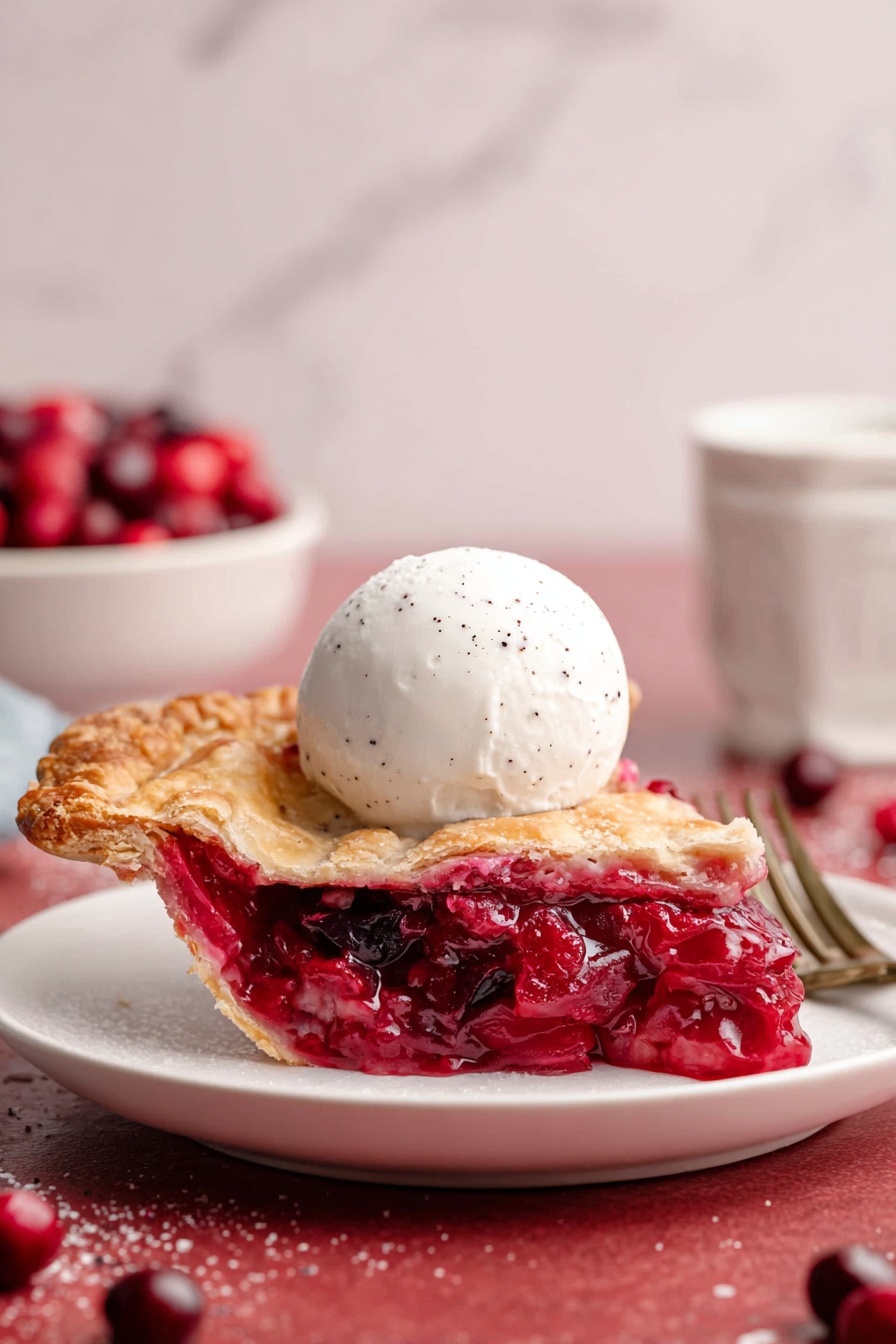A slice of bright red cherry pie with a golden brown crust sits on a white speckled plate, topped with a smooth scoop of white vanilla ice cream. The pie has two layers of crust: a flaky bottom layer holding the shiny, juicy cherry filling and a lattice top crust with sugar sprinkles, positioned slightly to one side on the plate. Beside the pie, a silver fork holds a bite showing the soft red cherry filling and crumbly crust. In the top corner, a second white plate with a pie slice and some cherry filling is partially visible, alongside a white bowl filled with glossy red cherries. The scene is set on a white marbled surface with scattered cherries and a light pink cloth nearby. Photo taken with an iphone --ar 2:3 --v 7 - Best Cranberry Pie, Cranberry Pie recipe, festive cranberry pie, easy cranberry pie, holiday dessert recipes