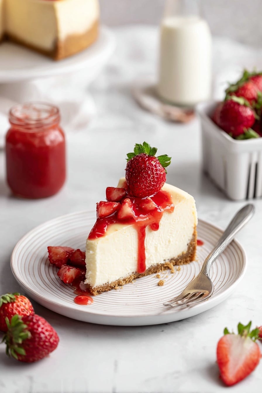 A thick slice of creamy light yellow cheesecake with a light brown crumb crust sits on a round white plate with faint circular ridges; on top, bright red strawberry sauce drips down the sides with small strawberry pieces, and a halved fresh strawberry with green leaves is placed on the peak. A silver fork rests on the right side of the plate. The scene includes a white marbled surface scattered with whole and halved fresh strawberries, a glass jar of strawberry sauce with a white spoon inside, a small white bottle filled with milk, and a white container full of strawberries blurred in the background. Photo taken with an iphone --ar 2:3 --v 7 - Classic New York Cheesecake with Strawberry Sauce, New York cheesecake recipe, creamy strawberry cheesecake, authentic cheesecake with fruit topping, easy cheesecake dessert