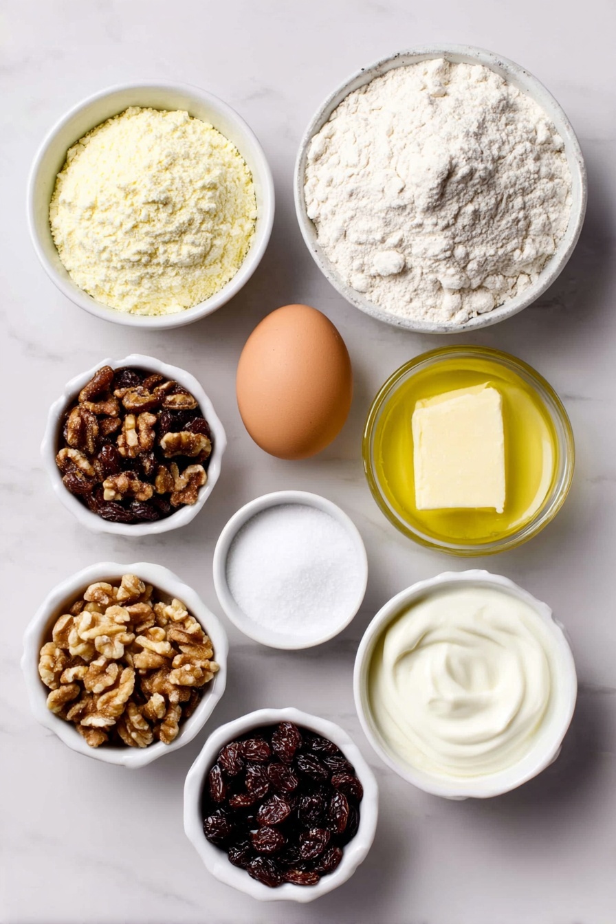 Flat lay of a small mound of all-purpose flour, a small white bowl of baking soda powder, a small white bowl of pine nuts, a small white bowl of crushed walnuts, a small white bowl of salt, a small white bowl of plain full-fat yogurt, a small white bowl of melted unsalted butter, a small white bowl of brown sugar, three small white bowls each containing raisins, dried cranberries, and chopped dried dates, a small white bowl with a dollop of strawberry jam, and one whole uncracked brown egg, arranged symmetrically in a balanced layout on a clean white marble surface, soft natural light, photo taken with an iPhone, professional food photography style, fresh ingredients, white ceramic bowls, no bottles, no duplicates, no utensils, no packaging --ar 2:3 --v 7 --p m7354615311229779997 - Yogurt Fruitcake, moist fruitcake with yogurt, dried fruit cake recipe, healthy fruitcake, easy fruitcake dessert
