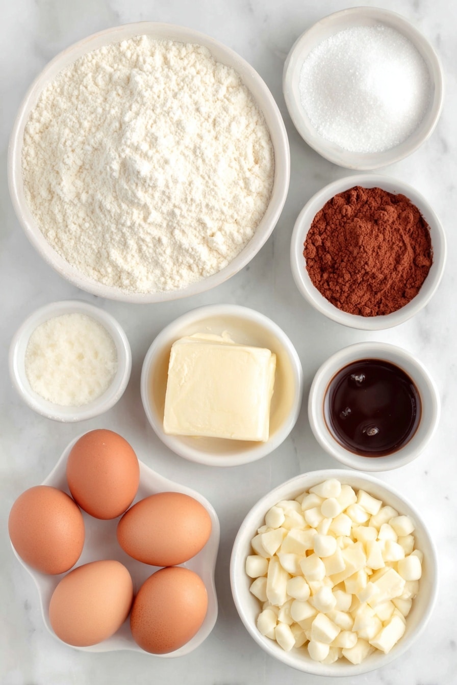 Flat lay of a small heap of super fine almond flour, a small heap of confectioners' sugar, a small white ceramic bowl with ground cinnamon, a small white ceramic bowl with ground ginger, a small white ceramic bowl with ground cloves, three whole uncracked brown eggs, a small white ceramic bowl filled with super fine white sugar, a small white ceramic bowl with smooth brown gel food coloring, a small white ceramic bowl of softened unsalted butter, a small heap of molasses, a small white ceramic bowl of vanilla extract, and a small white ceramic bowl containing white chocolate chips, all placed on a clean white marble surface, soft natural light, photo taken with an iPhone, professional food photography style, fresh ingredients, white ceramic bowls, no bottles, no duplicates, no utensils, no packaging --ar 2:3 --v 7 --p m7354615311229779997 - Gingerbread Macarons with Molasses Buttercream, holiday gingerbread macarons, spice-filled cookie recipes, DIY festive macarons, homemade holiday treats