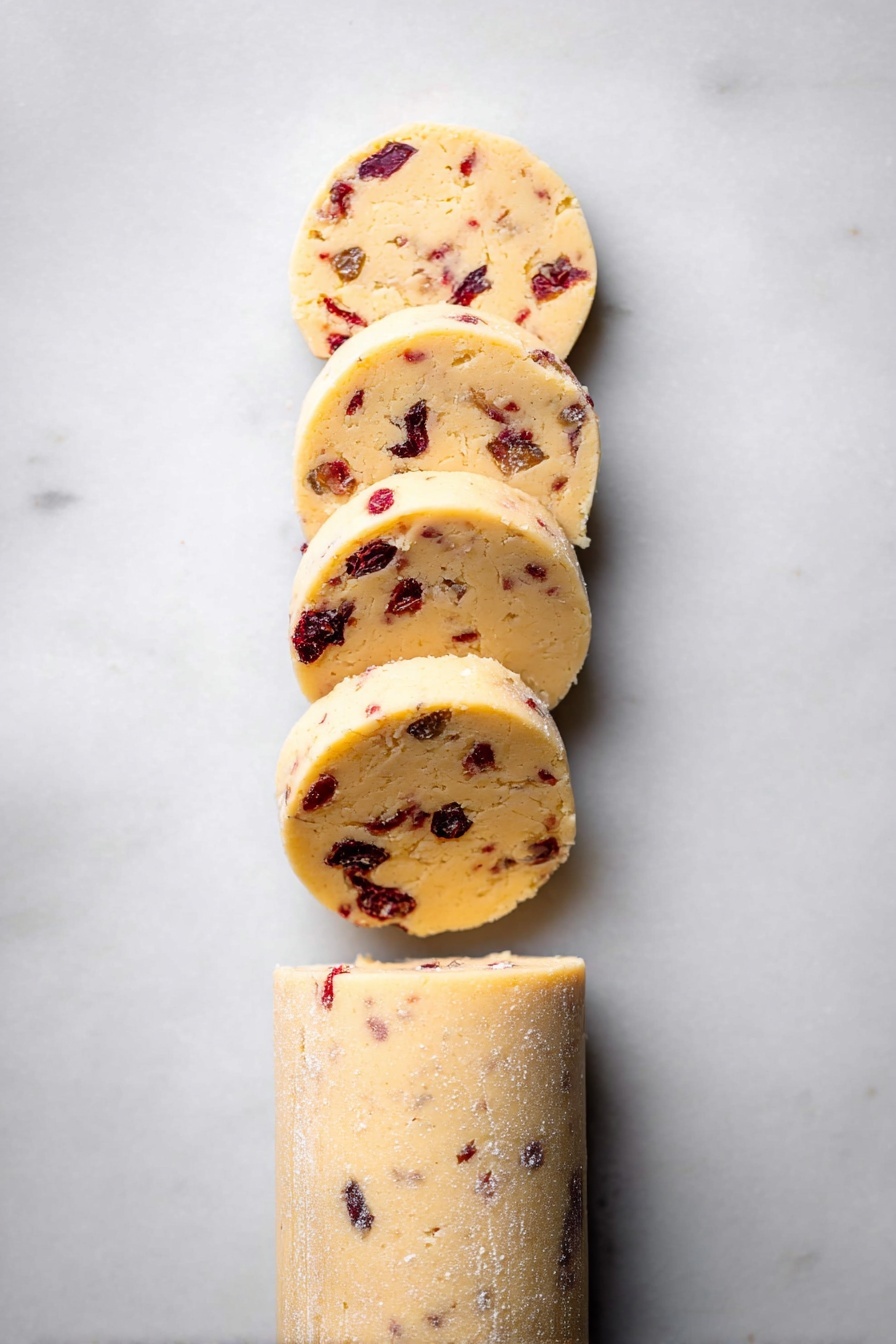 The image shows a cylindrical log of cookie dough lying on a white marbled surface. The dough is light yellow with small red dried fruit pieces scattered inside. Four round cookie dough slices are evenly cut and placed in a neat vertical line above the log, showing the speckled red fruit pieces inside each slice. The texture of the dough looks smooth with a slight dusting of flour on the surface. photo taken with an iphone --ar 2:3 --v 7 - Cranberry Orange Shortbread Cookies, cranberry orange shortbread, citrus cranberry cookies, holiday shortbread cookies, easy fruit shortbread