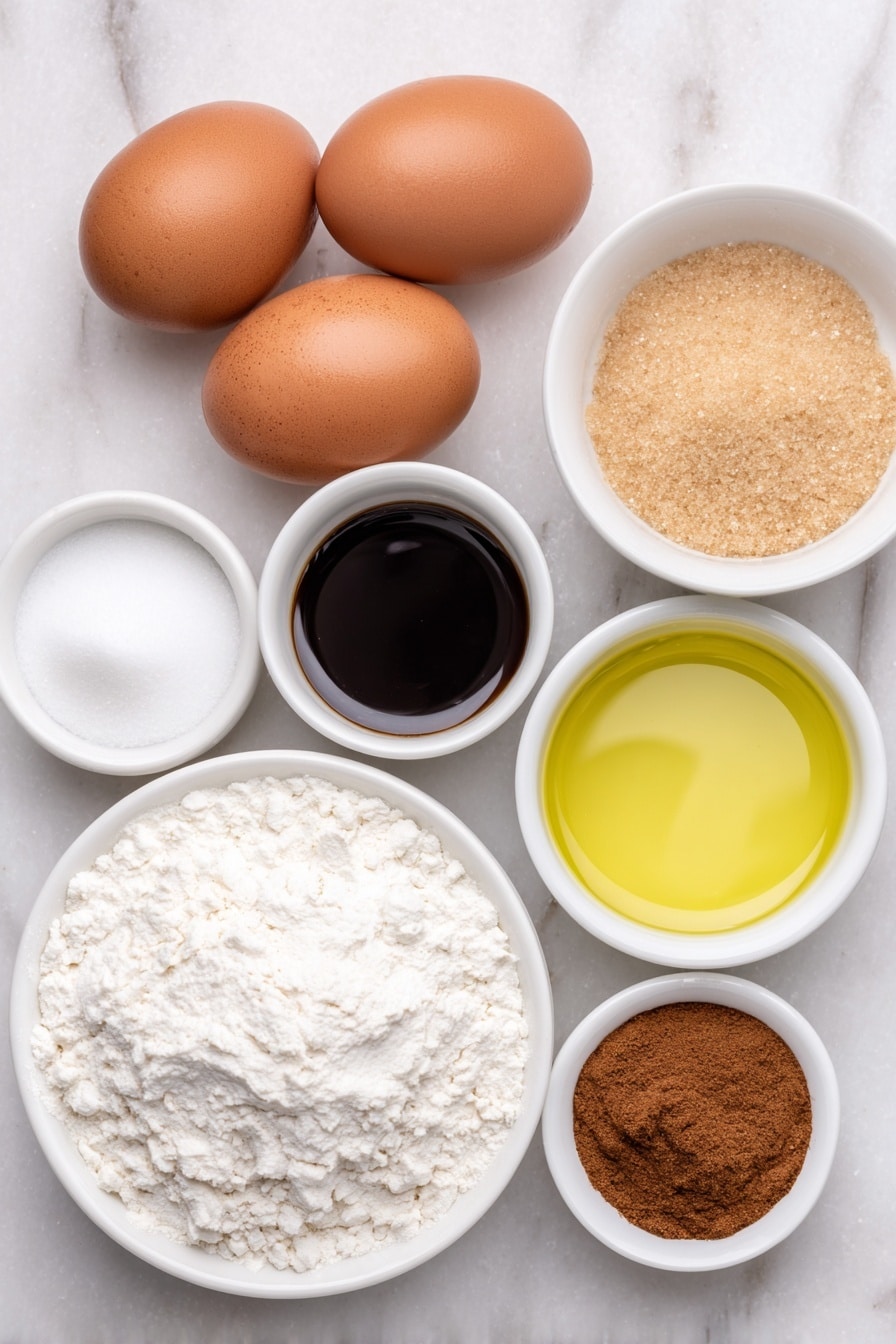 Flat lay of two large brown eggs with clean shells, a small white ceramic bowl of dark glossy molasses, a small white ceramic bowl of light brown granulated sugar, a small white ceramic bowl of golden olive oil, a small white ceramic bowl of clear vanilla extract, a simple mound of white all-purpose flour, a small white ceramic bowl of fine white baking powder, a small white ceramic bowl of red-brown ground cinnamon, a small white ceramic bowl of warm tan ground ginger, a small white ceramic bowl of light brown ground nutmeg, a small white ceramic bowl of dark brown ground allspice, and a small white ceramic bowl of fine white confectioners' sugar, all arranged symmetrically and balanced on a clean white marble surface, soft natural light, photo taken with an iPhone, professional food photography style, fresh ingredients, white ceramic bowls, no bottles, no duplicates, no utensils, no packaging --ar 2:3 --v 7 --p m7354615311229779997 - Gingerbread Biscotti, holiday biscotti recipes, festive cookie ideas, gingerbread flavored cookies, crispy holiday treats