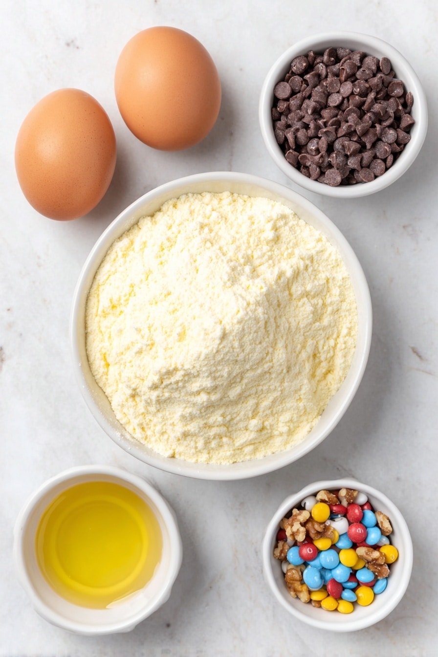 Flat lay of a small mound of pale yellow vanilla cake mix powder on a simple white ceramic plate, two smooth whole brown eggs with clean shells resting beside it, a small white ceramic bowl filled with clear golden vegetable oil, a small white ceramic bowl containing a colorful mix of chocolate chips, red, blue, yellow, and green M&M's, and light brown chopped walnuts arranged neatly in another small white ceramic bowl, all spaced evenly in perfect symmetry and balanced proportions, placed on a clean white marble surface, soft natural light, photo taken with an iPhone, professional food photography style, fresh ingredients, white ceramic bowls, no bottles, no duplicates, no utensils, no packaging --ar 2:3 --v 7 --p m7354615311229779997 - Cake Mix Cookies with Add-Ins, easy cake mix cookie recipes, customizable cookies with add-ins, chewy cake mix cookies, quick dessert recipes