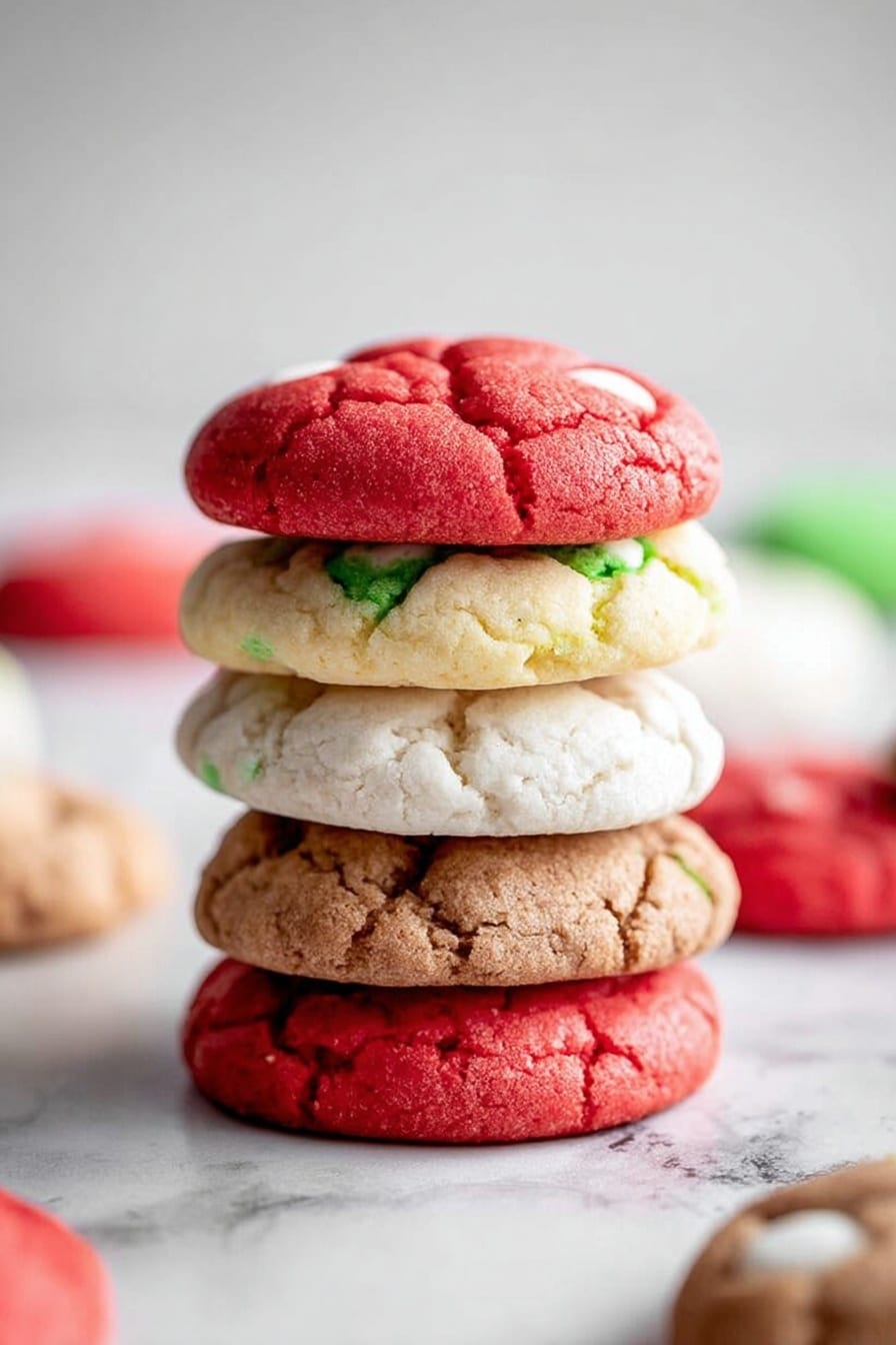 There is a stack of six round cookies on a white marbled surface. From bottom to top, the first cookie is white with green candy pieces peeking out, the second cookie is light brown with a soft cracked texture, the third cookie is bright red with small cracks, the fourth cookie is white with some green candy pieces, the fifth cookie is light brown with a cracked surface, and the top cookie is red with white candy pieces visible. In the background, there are blurred cookies of similar colors scattered around. The photo is taken with an iphone --ar 2:3 --v 7 - Cake Mix Cookies with Add-Ins, easy cake mix cookie recipes, customizable cookies with add-ins, chewy cake mix cookies, quick dessert recipes