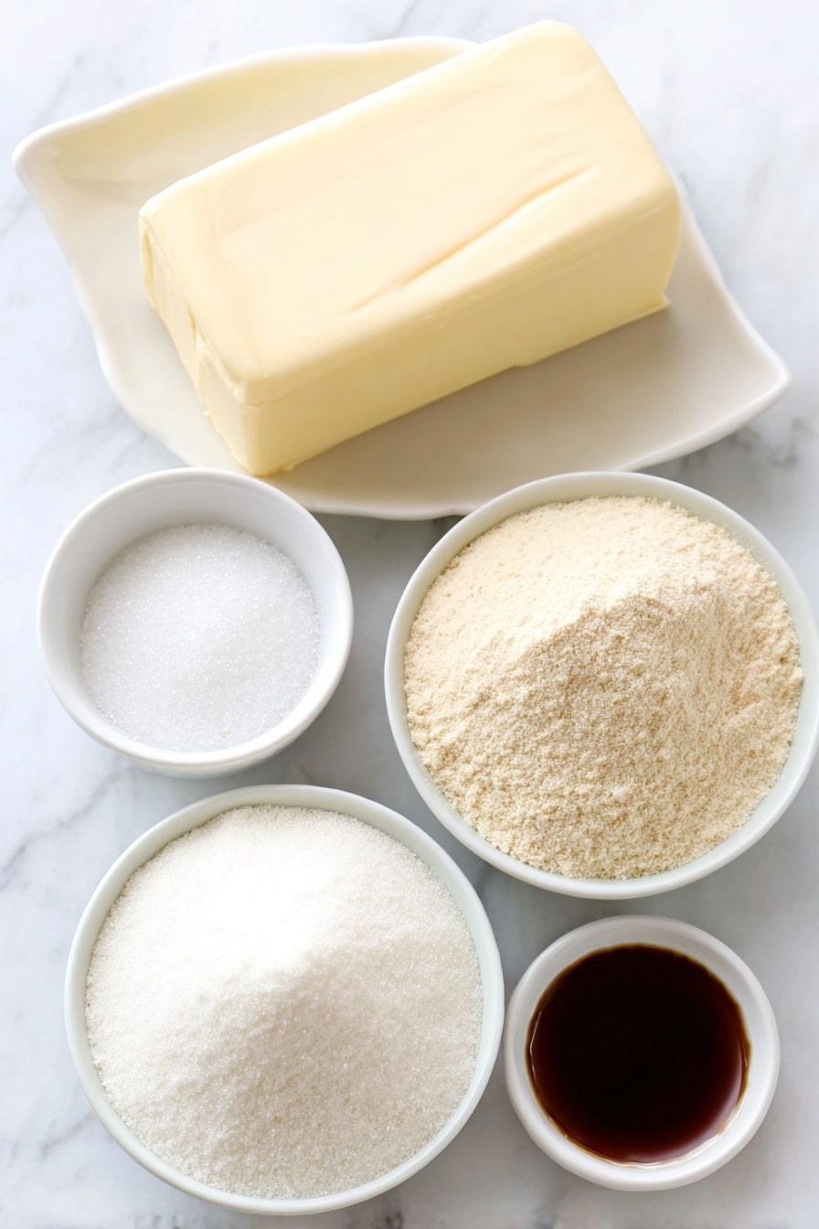 Flat lay of a large block of unsalted butter, a small white bowl filled with granulated sugar, a small white bowl with clear vanilla extract, a small white bowl with pale almond extract, a mound of all-purpose white flour, a mound of beige almond flour, and a small white bowl containing fine white confectioners' sugar, all arranged with perfect symmetry in balanced proportions on simple white ceramic dishes and surfaces, placed on a clean white marble surface, soft natural light, photo taken with an iPhone, professional food photography style, fresh ingredients, white ceramic bowls, no bottles, no duplicates, no utensils, no packaging --ar 2:3 --v 7 --p m7354615311229779997 - Almond Crescent Cookies, buttery almond cookies, nutty crescent cookies, easy almond cookies, homemade almond treats