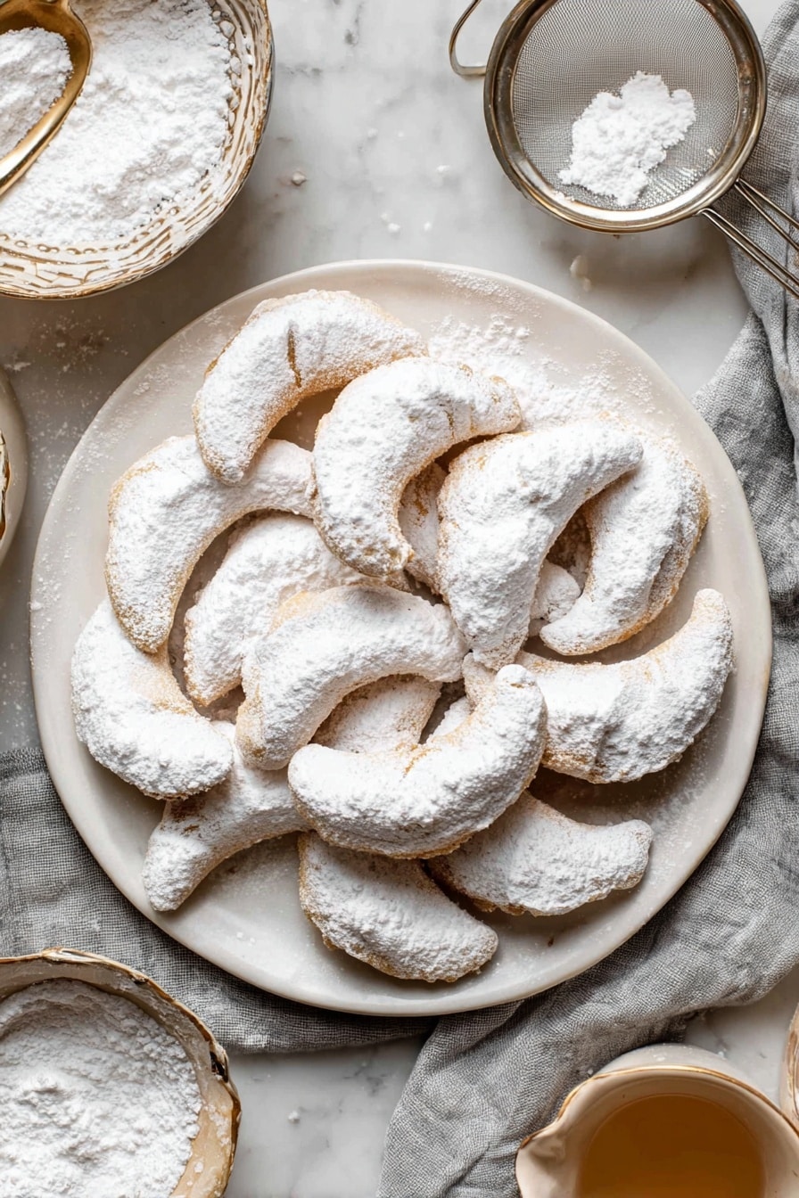 A black baking tray lined with white baking paper is filled with four rows of crescent-shaped cookies, five in each row, evenly spaced. Each cookie is light brown and fully coated with a thick layer of white powdered sugar, which also covers the paper underneath, giving a snowy look. The tray sits on a white marbled surface with some powdered sugar sprinkled around. The cookies have a slightly rough texture under the sugar, and their curved edges are well-defined. photo taken with an iphone --ar 2:3 --v 7 - Almond Crescent Cookies, buttery almond cookies, nutty crescent cookies, easy almond cookies, homemade almond treats