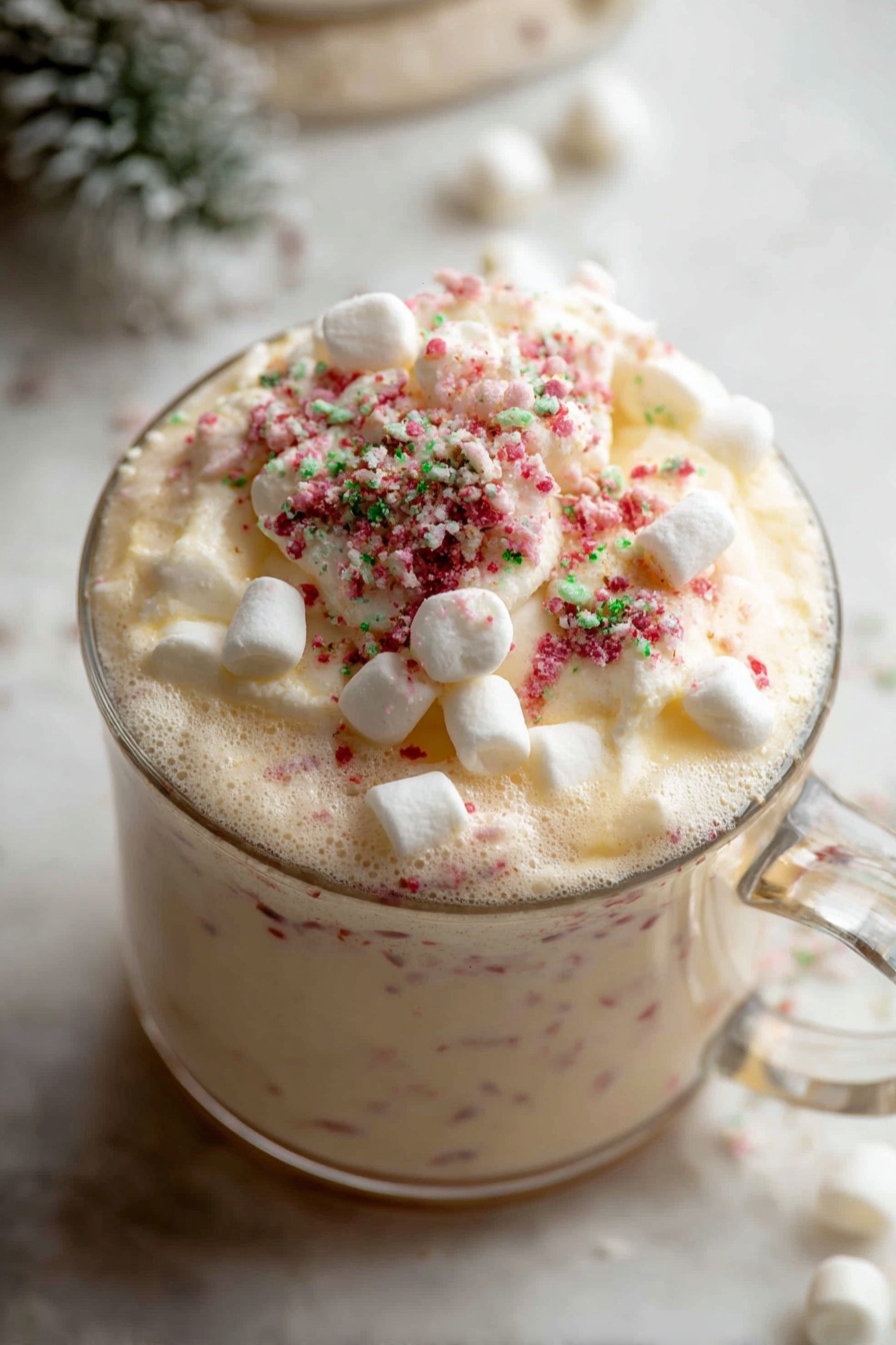 The image shows a clear glass filled almost to the top with a thick, creamy white drink. On top, there is a large swirl of white whipped cream covered with small white marshmallows and red and green crushed candy pieces. A woman's hand is gently holding a small, curved candy cane with red, white, and green stripes, placing it vertically into the whipped cream. The glass has a starburst pattern etched into its surface and is placed on a white marbled background with some scattered mini marshmallows and crushed candy bits around the base. Photo taken with an iphone --ar 2:3 --v 7 - White Hot Chocolate, white hot chocolate recipe, cozy winter drinks, creamy hot chocolate, homemade hot chocolate