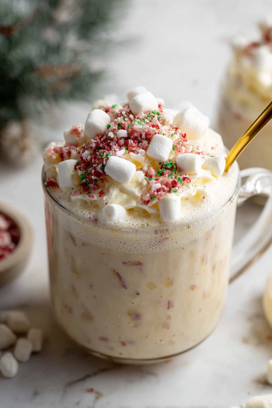 The image shows a clear glass cup filled with a creamy light beige drink. On top, there is a thick layer of whipped cream, sprinkled with small red and green bits that look like crushed candy, and topped with many small white marshmallows. The creamy drink has a frothy texture near the top. A gold spoon is inside the glass, touching the whipped cream. The cup is placed on a white marbled surface with some blurred background elements. Photo taken with an iphone --ar 2:3 --v 7 - White Hot Chocolate, white hot chocolate recipe, cozy winter drinks, creamy hot chocolate, homemade hot chocolate