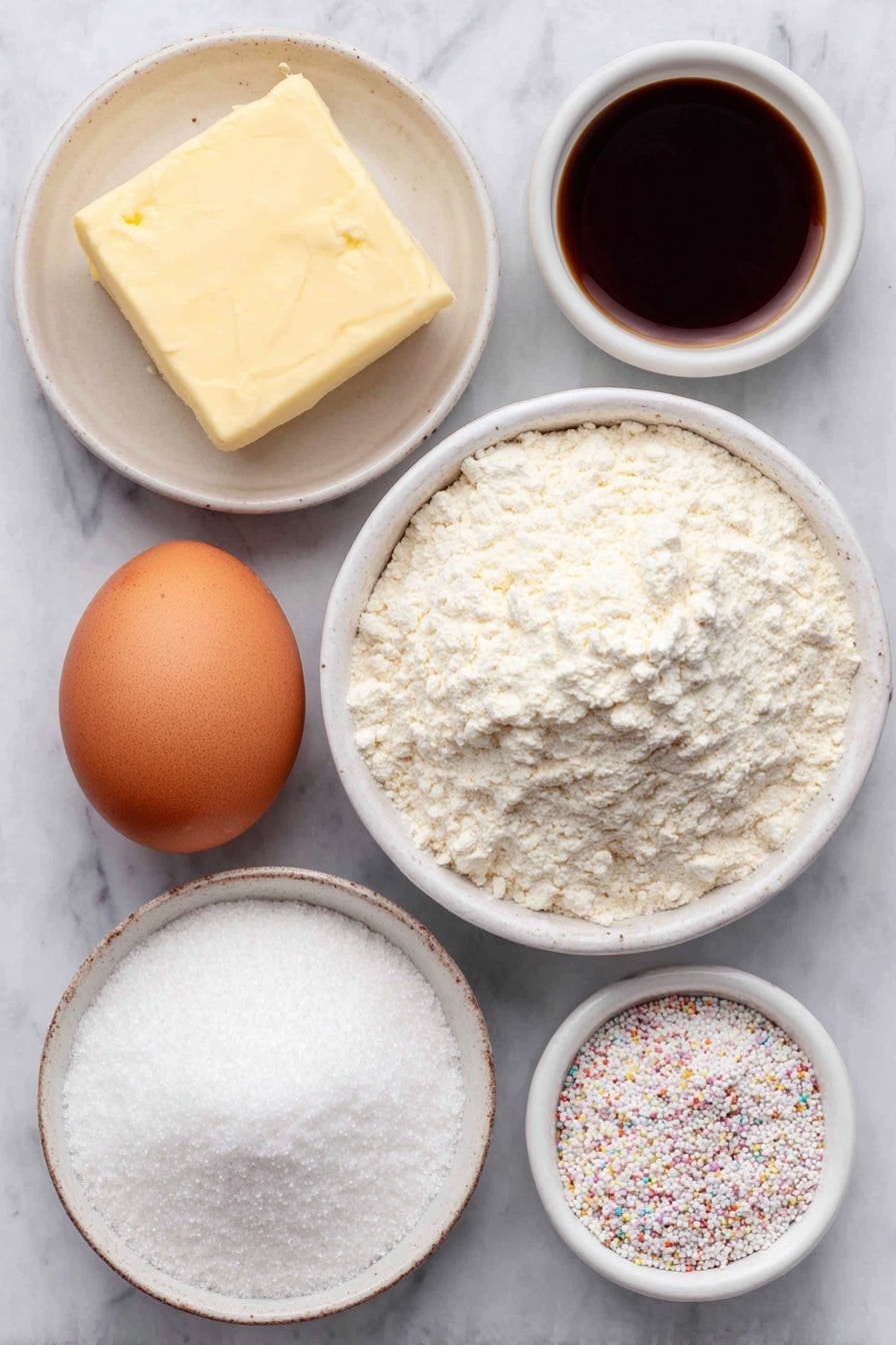 Flat lay of a small square of unsalted butter, a small white ceramic bowl of granulated sugar, one large brown egg with a clean shell, a small white ceramic bowl of vanilla extract, a small white ceramic bowl with baking powder, a small white ceramic bowl of salt, a small white ceramic bowl filled with all-purpose flour, and a small white ceramic bowl containing crushed assorted colorful hard candy pieces, all arranged symmetrically in perfect proportions, placed on a clean white marble surface, soft natural light, photo taken with an iPhone, professional food photography style, fresh ingredients, white ceramic bowls, no bottles, no duplicates, no utensils, no packaging --ar 2:3 --v 7 --p m7354615311229779997 - Stained Glass Cookie, colorful candy cookies, easy holiday cookies, homemade cookie ideas, festive cookie recipes