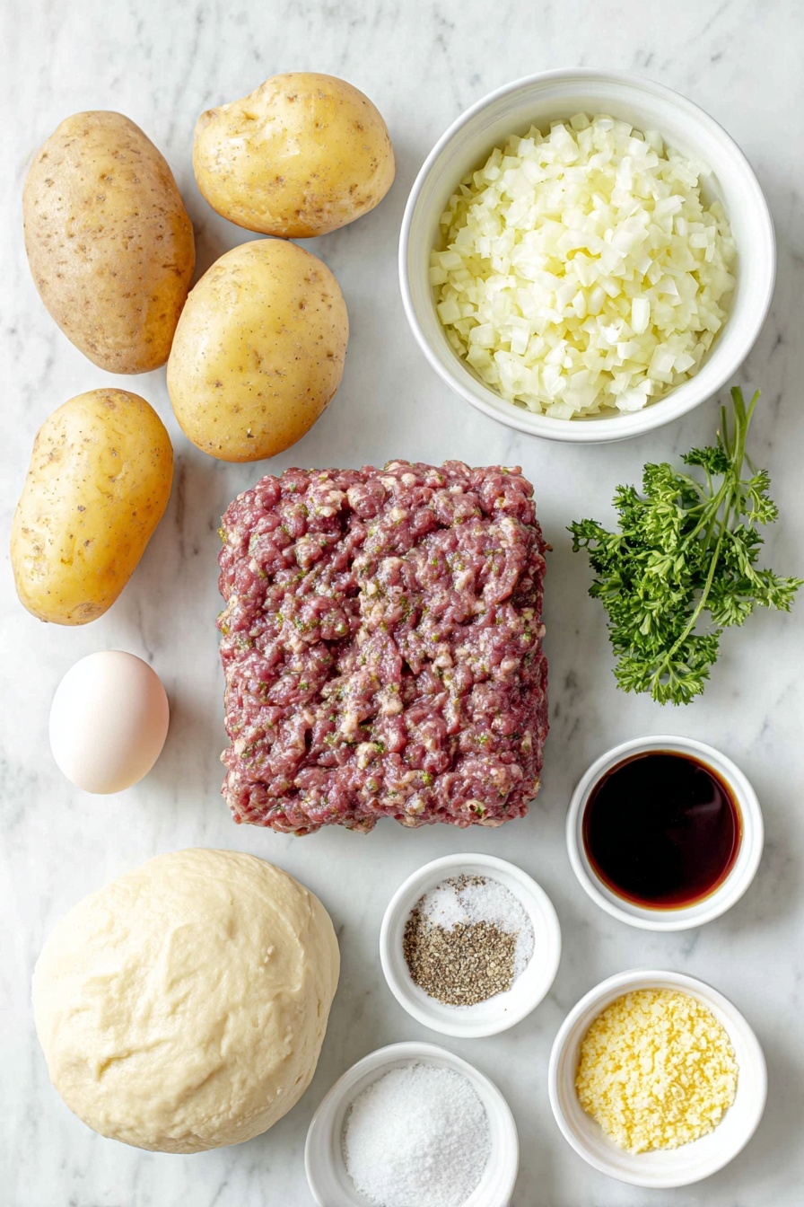 Flat lay of a small chunk of pale yellow butter, a simple white bowl filled with finely chopped white onions, a small white bowl holding minced garlic, a few fresh bright green parsley sprigs, a mound of raw ground beef with deep red color and slight marbling, two whole medium potatoes with smooth light brown skins, two whole bright orange carrots with fresh green tops removed, a small white bowl with dark glossy Worcestershire sauce, a small white bowl with dark brown soy sauce, a simple white bowl containing coarse sea salt crystals, a small white bowl filled with freshly ground black pepper, a small heap of golden panko breadcrumbs, a round raw pale beige ball of pie dough, and a single whole uncracked brown egg, all arranged with perfect symmetry on a clean white marble surface, soft natural light, photo taken with an iPhone, professional food photography style, fresh ingredients, white ceramic bowls, no bottles, no duplicates, no utensils, no packaging --ar 2:3 --v 7 --p m7354615311229779997 - Ground Beef Meat Pie, savory meat pie recipe, homemade beef pie, hearty beef pie, easy meat pie recipe