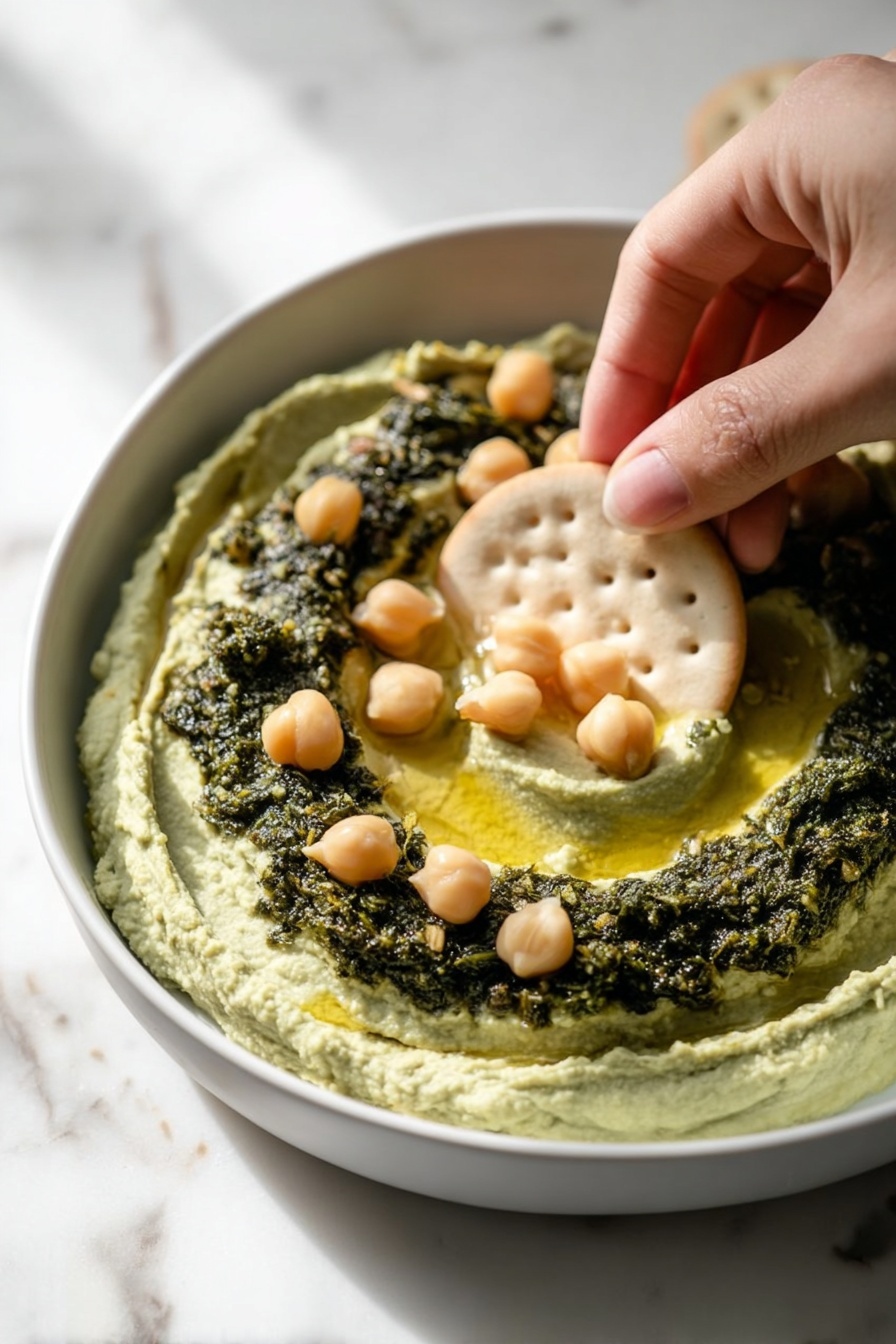 A white shallow bowl holds a creamy, light green hummus spread evenly as the base layer. On top of the hummus, there is a ring of dark green chopped herbs with a slightly chunky texture, mixed with whole light beige chickpeas scattered around. In the center, the hummus is shaped into a small swirl filled with a drizzle of golden olive oil pooling slightly. A woman's hand is dipping a round, light beige cracker with small brown spots into the hummus near the center. The bowl is placed on a white marbled surface with soft natural light highlighting the textures and colors. photo taken with an iphone --ar 2:3 --v 7 - Creamy Pesto Hummus Dip, pesto hummus dip, easy hummus recipes, healthy appetizer dips, flavorful dip recipes