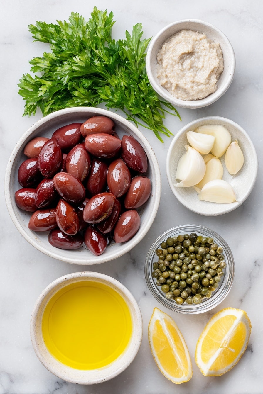 Flat lay of a small white ceramic bowl filled with glossy, deep purple kalamata olives, a handful of fresh bright green parsley sprigs, a small white ceramic bowl of tiny green capers, a clean white ceramic bowl holding pale brown anchovy paste, a small white ceramic bowl with bright yellow lemon juice, two whole garlic cloves with smooth white skins, and a small white ceramic bowl of golden olive oil, all arranged with perfect symmetry and balanced spacing, placed on a clean white marble surface, soft natural light, photo taken with an iPhone, professional food photography style, fresh ingredients, white ceramic bowls, no bottles, no duplicates, no utensils, no packaging --ar 2:3 --v 7 --p m7354615311229779997 - Easy Olive Tapenade, olive tapenade recipe, flavorful appetizer, quick tapenade spread, homemade olive spread
