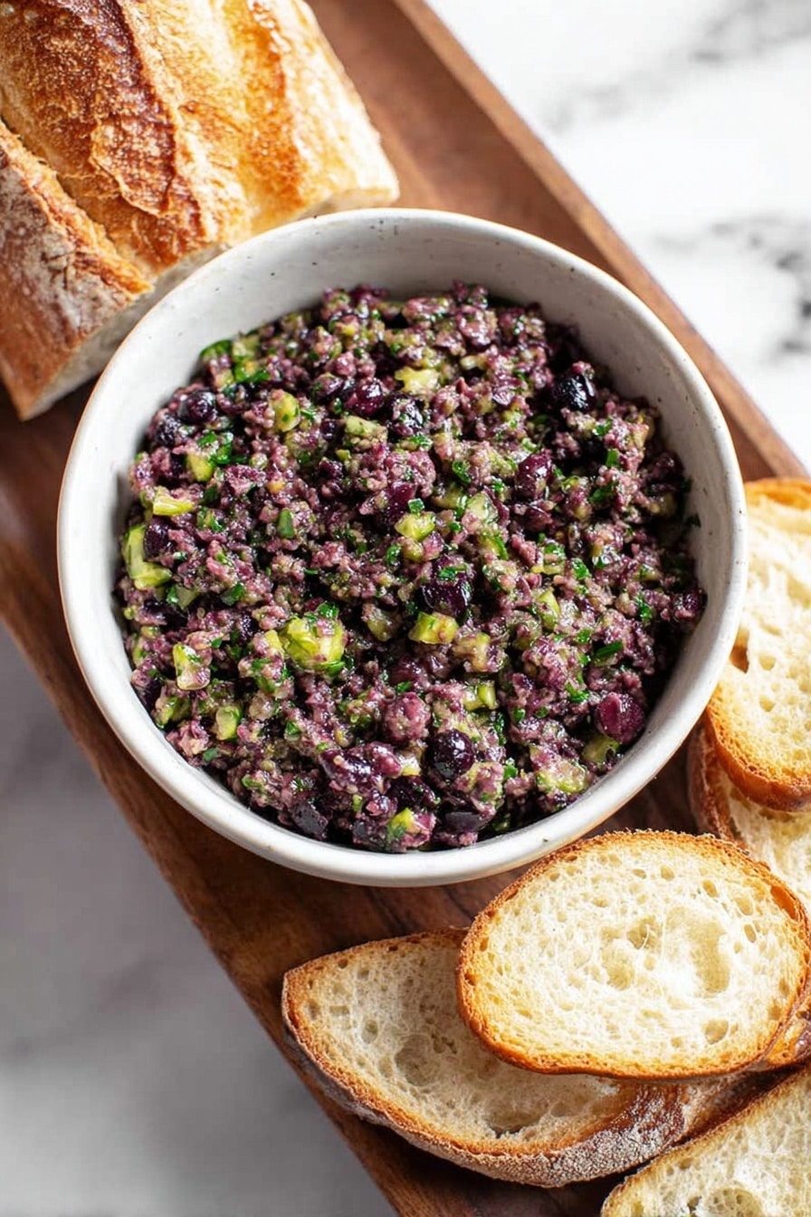 The image shows three pieces of sliced bread on a wooden board with the closest piece topped with a dark purple olive tapenade mixed with small bits of green herbs and some finely chopped white pieces, likely garlic or onion. The bread has a golden brown crust with a soft white inside, and the tapenade is spread thickly on top. The background is softly blurred, showing more slices of plain bread. The surface below the board is a white marbled texture. Photo taken with an iphone --ar 2:3 --v 7 - Easy Olive Tapenade, olive tapenade recipe, flavorful appetizer, quick tapenade spread, homemade olive spread