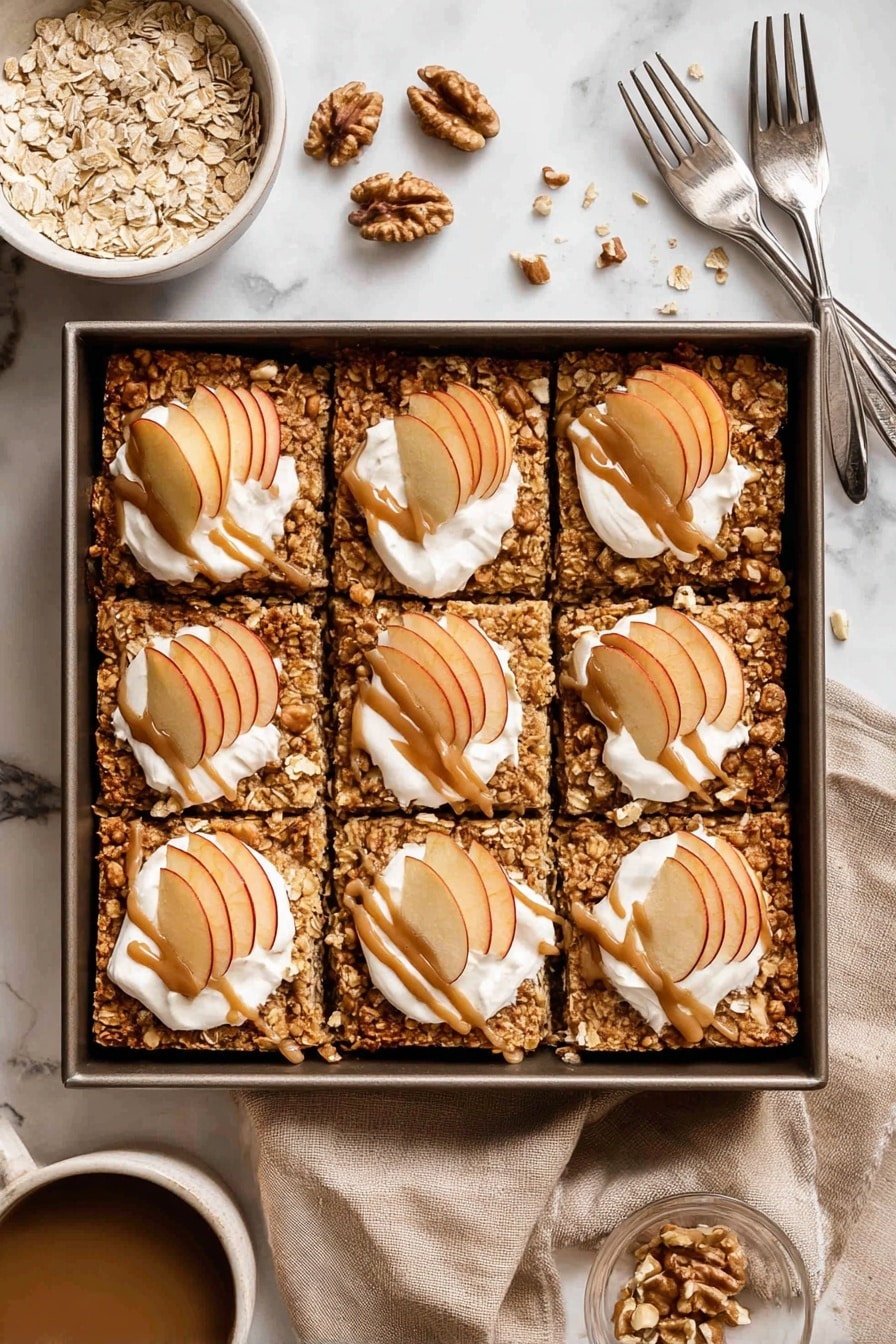 A single square slice of a baked oatmeal dish with visible oats and a slightly rough texture sits on a white plate. The slice has two layers: the bottom thick layer is a grainy, light brown oatmeal mix, and the top thin layer is glossy with a few soft, round apple slices visible, showing a slightly caramelized surface. Above the slice, a wooden honey dipper releases a thin stream of golden honey that drips down onto the oatmeal. The plate rests on a wooden board with some scattered oats around, and the background features a soft, white marbled texture. photo taken with an iphone --ar 2:3 --v 7 - Cinnamon Apple Baked Oatmeal, healthy breakfast baked oats, cozy apple cinnamon casserole, nutritious oatmeal dish, easy apple baked oatmeal