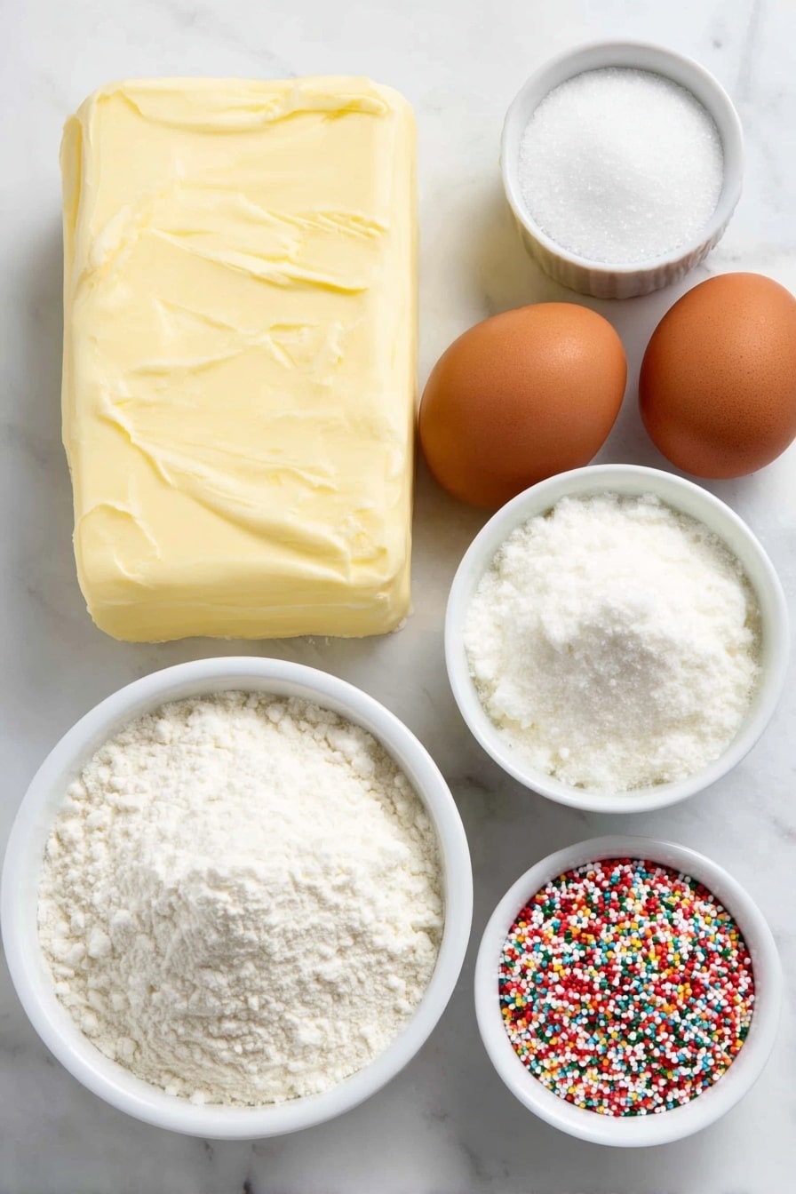 Flat lay of a large slab of unsalted butter, two whole brown eggs with clean shells, a small white ceramic bowl filled with granulated sugar, a small white ceramic bowl with all-purpose flour, a tiny white ceramic bowl containing baking powder, a tiny white ceramic bowl holding kosher salt, a small white ceramic bowl generously filled with colorful sprinkles, all arranged with perfect symmetry on a clean white marble surface, soft natural light, photo taken with an iPhone, professional food photography style, fresh ingredients, white ceramic bowls, no bottles, no duplicates, no utensils, no packaging --ar 2:3 --v 7 --p m7354615311229779997 - Funfetti Cookie, colorful cookies, festive cookie recipe, soft chewy cookies, sprinkles sugar cookies