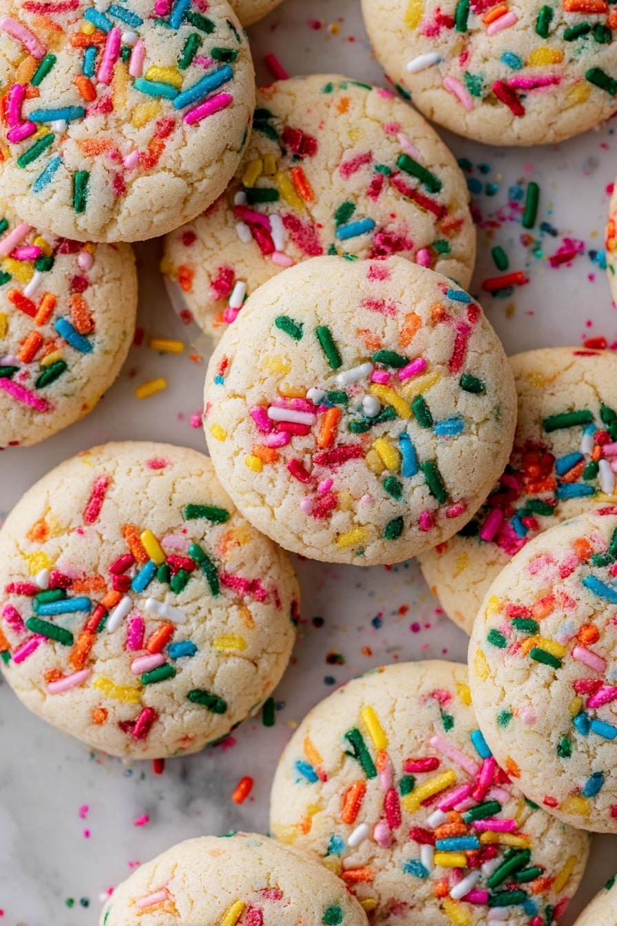 A close-up view of soft sugar cookies arranged closely together, each cookie having a light golden color base with a slightly cracked texture on top. The cookies are decorated with scattered red, green, and white sugar sprinkles, which add bright and festive colors to the surface. The background features a white marbled texture that contrasts with the cookies' warm tones. The cookies have a round shape and appear thick and fluffy. photo taken with an iphone --ar 2:3 --v 7 - Funfetti Cookie, colorful cookies, festive cookie recipe, soft chewy cookies, sprinkles sugar cookies