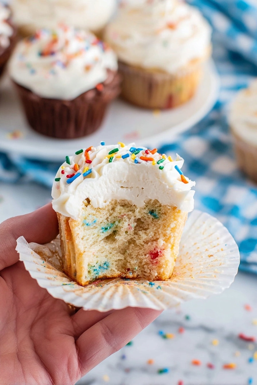 The image shows six cupcakes on a white marbled surface, with two main frosting types. Three cupcakes have white frosting that is swirled high in a pointed peak, topped with colorful small candy sprinkles in red, blue, yellow, green, and pink; the cupcake base is light beige with tiny colorful bits inside. The other three cupcakes have rich dark brown chocolate frosting swirled thickly with a ridged texture, also topped with the same colorful candy sprinkles; their bases are the same light beige with specks of color. Behind the cupcakes, there is a white plate holding more cupcakes and to the left, a small white bowl filled with vibrant sprinkles and a white spoon resting inside. A blue and white checkered cloth adds a soft background texture. Photo taken with an iphone --ar 2:3 --v 7 - Funfetti Cupcake, colorful cupcake recipe, easy festive cupcakes, moist birthday cupcakes, cheerful party treats