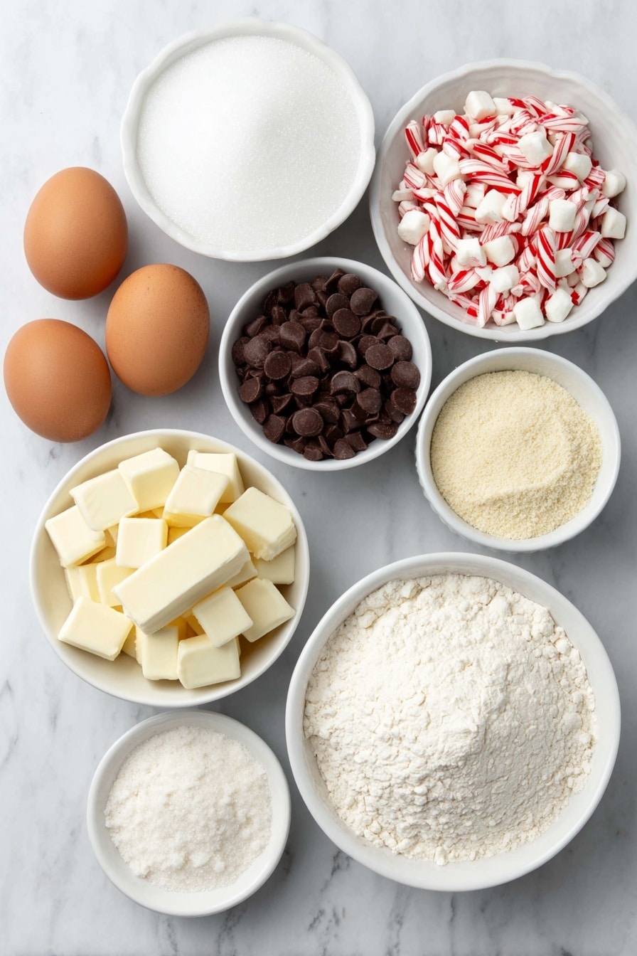 Flat lay of a small white ceramic bowl of granulated sugar, a small white ceramic bowl of hot water, three whole brown eggs with clean shells, a small white ceramic bowl of light golden instant coffee powder, a small white ceramic bowl of finely crushed red and white peppermint candy canes, a small white ceramic bowl of white chocolate morsels, a small white ceramic bowl of unsweetened dark brown cocoa powder, a small white ceramic bowl of all-purpose pale beige flour, a small white ceramic bowl of kosher salt crystals, a small white ceramic bowl of baking soda powder, and a small white ceramic bowl of clear peppermint extract placed on a clean white marble surface, soft natural light, photo taken with an iPhone, professional food photography style, fresh ingredients, white ceramic bowls, no bottles, no duplicates, no utensils, no packaging --ar 2:3 --v 7 --p m7354615311229779997 - Chocolate Peppermint Biscotti, Holiday Biscotti Recipes, Chocolate Peppermint Cookies, Christmas Biscotti Ideas, Peppermint Chocolate Snack