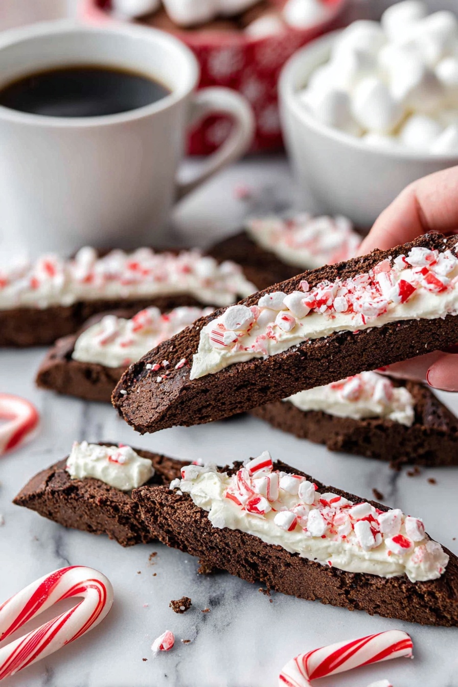 A close-up image shows two triangular sandwich cookies with a thick layer of white cream filled with crushed red and white peppermint candy pieces between two dark brown chocolate cookie layers. The cookies rest on a white marbled surface. In the background, there is a white cup and a red bowl filled with white marshmallows, along with a clear glass holding candy canes with red and white stripes. A woman's hand is about to pick up one of the cookies. The overall look is festive and sweet. photo taken with an iphone --ar 2:3 --v 7 - Chocolate Peppermint Biscotti, Holiday Biscotti Recipes, Chocolate Peppermint Cookies, Christmas Biscotti Ideas, Peppermint Chocolate Snack