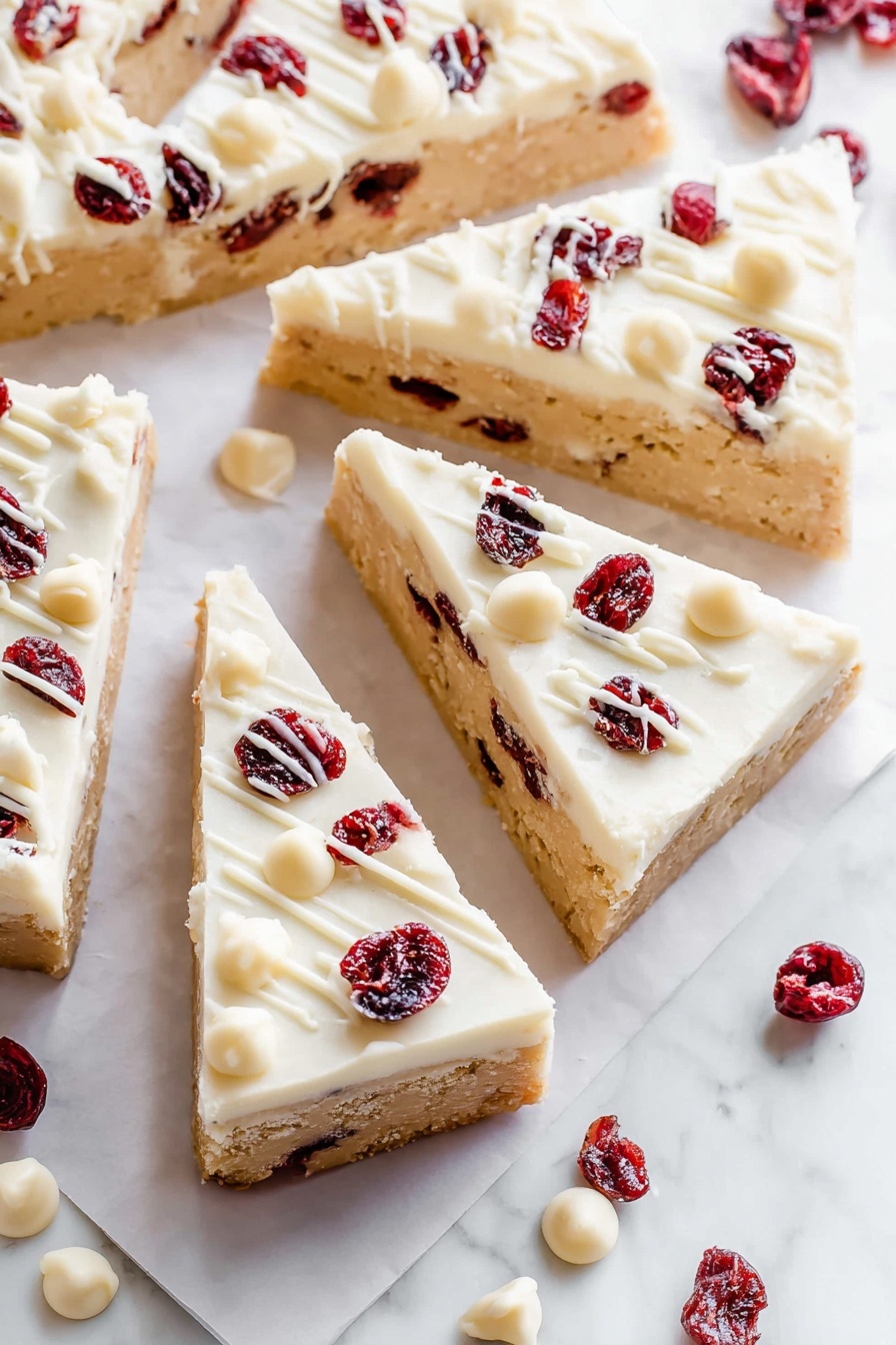 The image shows four triangular cookie bars with two layers: a thick, light beige cookie base filled with white chocolate chips and small dark red dried fruit pieces, topped with a smooth white frosting layer that has scattered dried cranberries and white chocolate drizzles. The cookie bars rest on white parchment paper placed on a wooden board, with extra white chocolate chips and dried cranberries scattered around. In the background, there's a white cup of black coffee and stacked white plates, all set on a white marbled surface. Photo taken with an iphone --ar 2:3 --v 7 - Cranberry White Chocolate Bliss Bars, festive cranberry white chocolate bars, easy holiday bar recipe, sweet tangy white chocolate bars, Christmas dessert bars