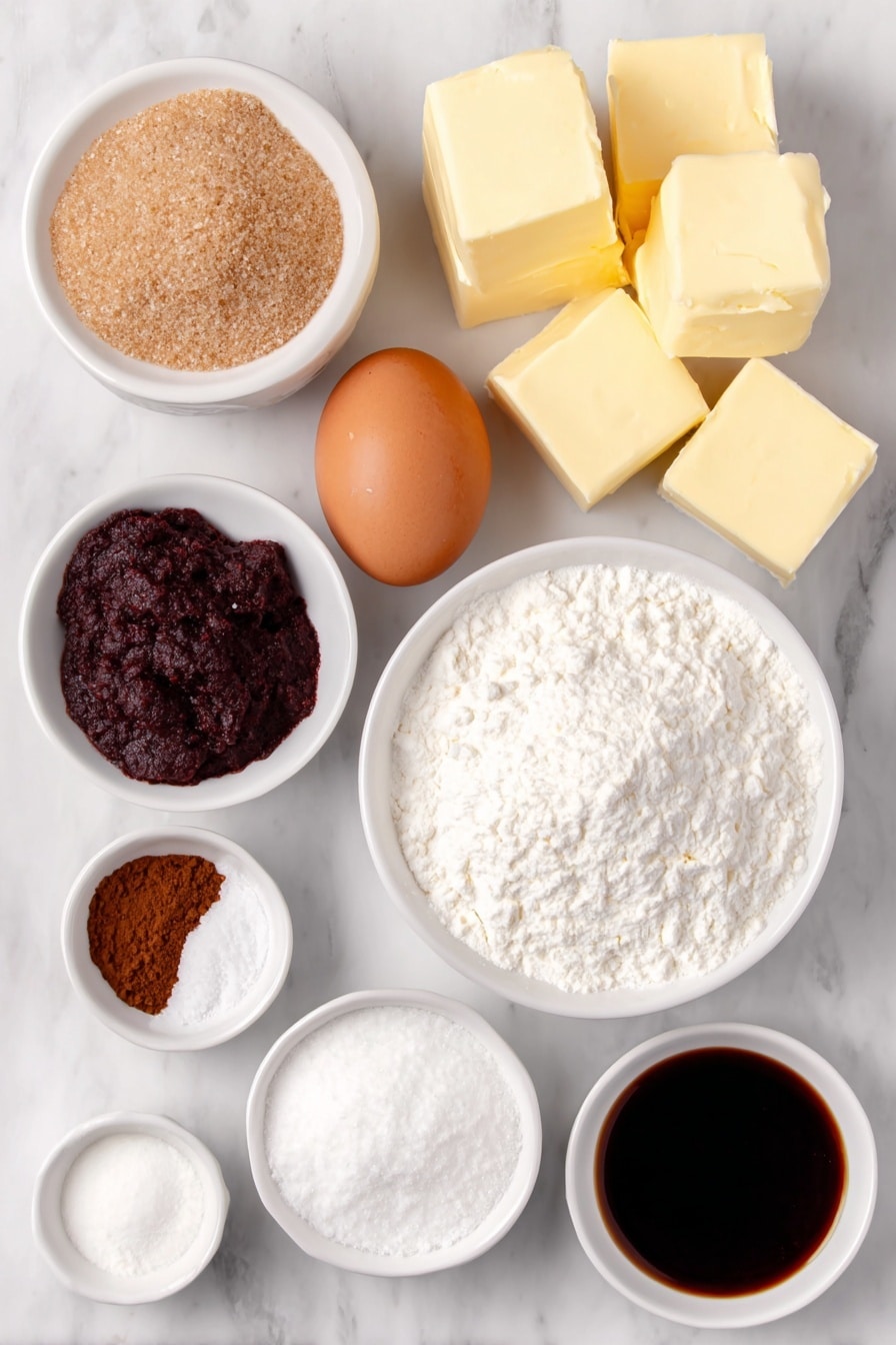 Flat lay of a few large cubes of unsalted butter, a small white bowl filled with packed light brown sugar, one large whole uncracked brown egg, a small white bowl of dark molasses, a small white bowl heaped with all-purpose flour, a small white bowl containing baking soda powder, another small white bowl with ground cinnamon, a small white bowl with ground ginger, a small white bowl with ground cloves, a small white bowl with fine salt, a few blocks of cream cheese, a small white bowl of powdered sugar, and a small white bowl with clear vanilla extract, all arranged symmetrically on a clean white marble surface, soft natural light, photo taken with an iPhone, professional food photography style, fresh ingredients, white ceramic bowls, no bottles, no duplicates, no utensils, no packaging --ar 2:3 --v 7 --p m7354615311229779997 - Gingerbread Cookie Bars with Cream Cheese Frosting, gingerbread bars, holiday dessert recipes, spicy gingerbread treats, easy festive cookie bars
