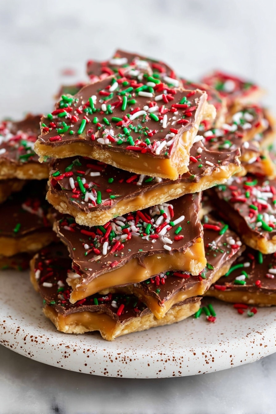This image shows many pieces of toffee stacked on a white plate with specks. Each toffee piece has three layers: the bottom layer is light golden and crunchy, the middle layer is a shiny caramel-colored toffee, and the top layer is smooth milk chocolate with red, green, and white sprinkles scattered all over. The pieces are broken into uneven shapes and piled high on the plate. The plate is on a white marbled surface, and a corner of a deep red cloth is visible near it. Photo taken with an iphone --ar 2:3 --v 7 - Saltine Crackers Chocolate Toffee Bars, salty sweet toffee bars, easy no-bake dessert recipes, holiday treat ideas, crunchy chocolate snack