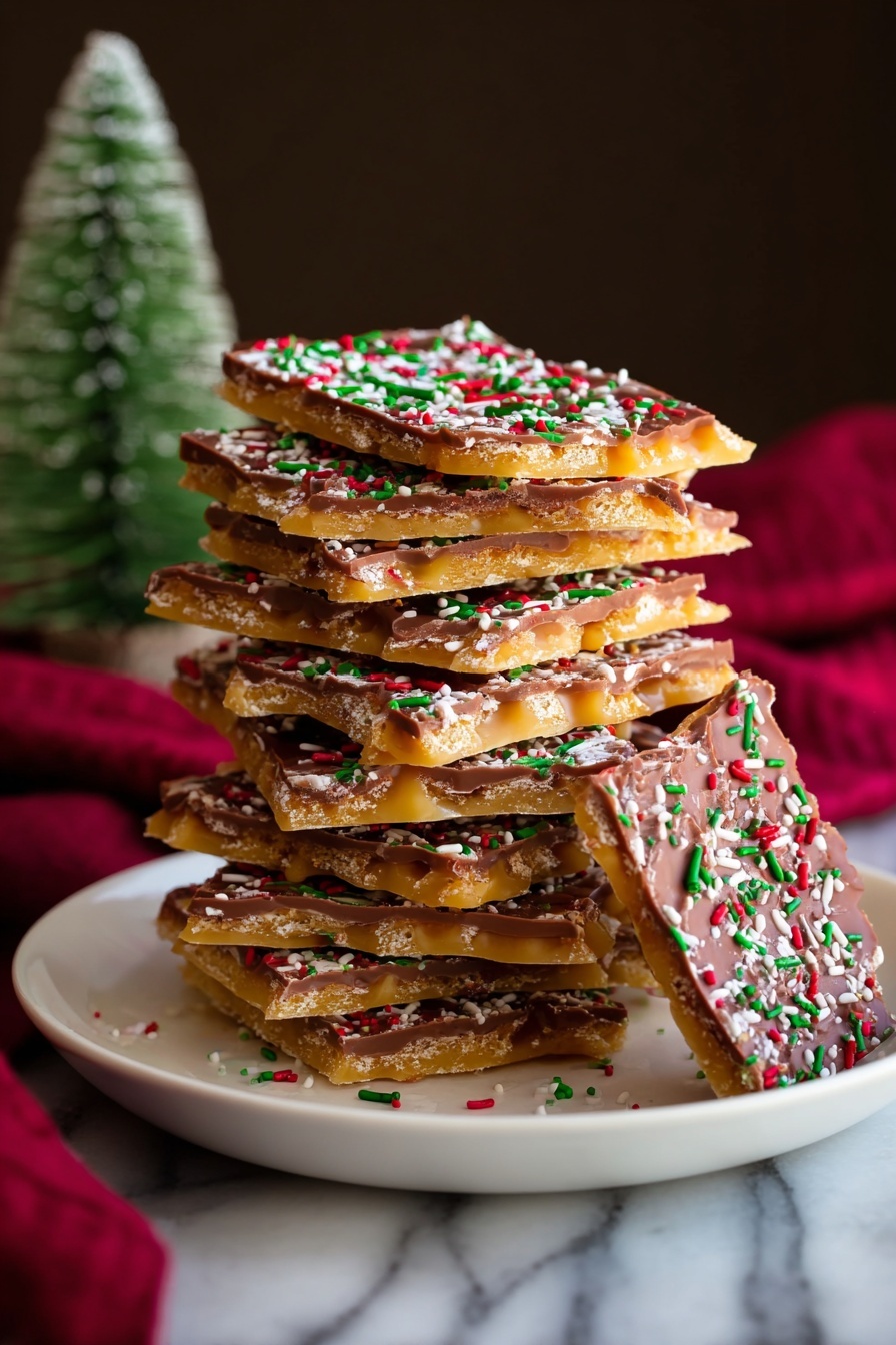 A tall stack of nine rectangular brittle pieces is shown on a white plate with one piece leaning against the stack. Each brittle piece has a light golden brown base layer that looks crunchy and bubbly. On top of the base, there is a smooth milk chocolate layer with colorful red, green, and white sprinkles scattered on it. The stack is set on a white marbled surface, with a small pine tree blurred in the background to one side and a deep red cloth partially visible on the other. Photo taken with an iphone --ar 2:3 --v 7 - Saltine Crackers Chocolate Toffee Bars, salty sweet toffee bars, easy no-bake dessert recipes, holiday treat ideas, crunchy chocolate snack