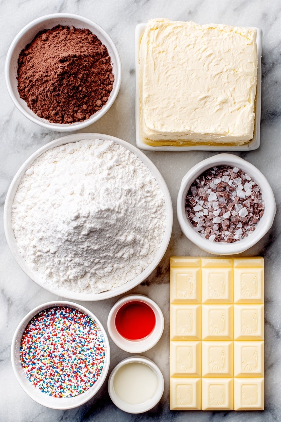 Flat lay of a small mound of unbleached all-purpose flour, a small white ceramic bowl with unsweetened cocoa powder, a few grains of coarse salt scattered elegantly, a large square of unsalted butter with a creamy texture, a small white bowl filled with powdered sugar, a small white bowl holding bright red liquid food coloring, a small white bowl containing clear vanilla extract, a small white bowl with fresh lemon juice, an unwrapped block of smooth white chocolate, and a small pile of colorful sprinkles, all arranged with perfect symmetry on a clean white marble surface, soft natural light, photo taken with an iPhone, professional food photography style, fresh ingredients, white ceramic bowls, no bottles, no duplicates, no utensils, no packaging --ar 2:3 --v 7 --p m7354615311229779997 - Red Velvet Shortbread Cookies with White Chocolate, red velvet shortbread cookies, white chocolate cookie dip, buttery shortbread cookies, festive red velvet treats