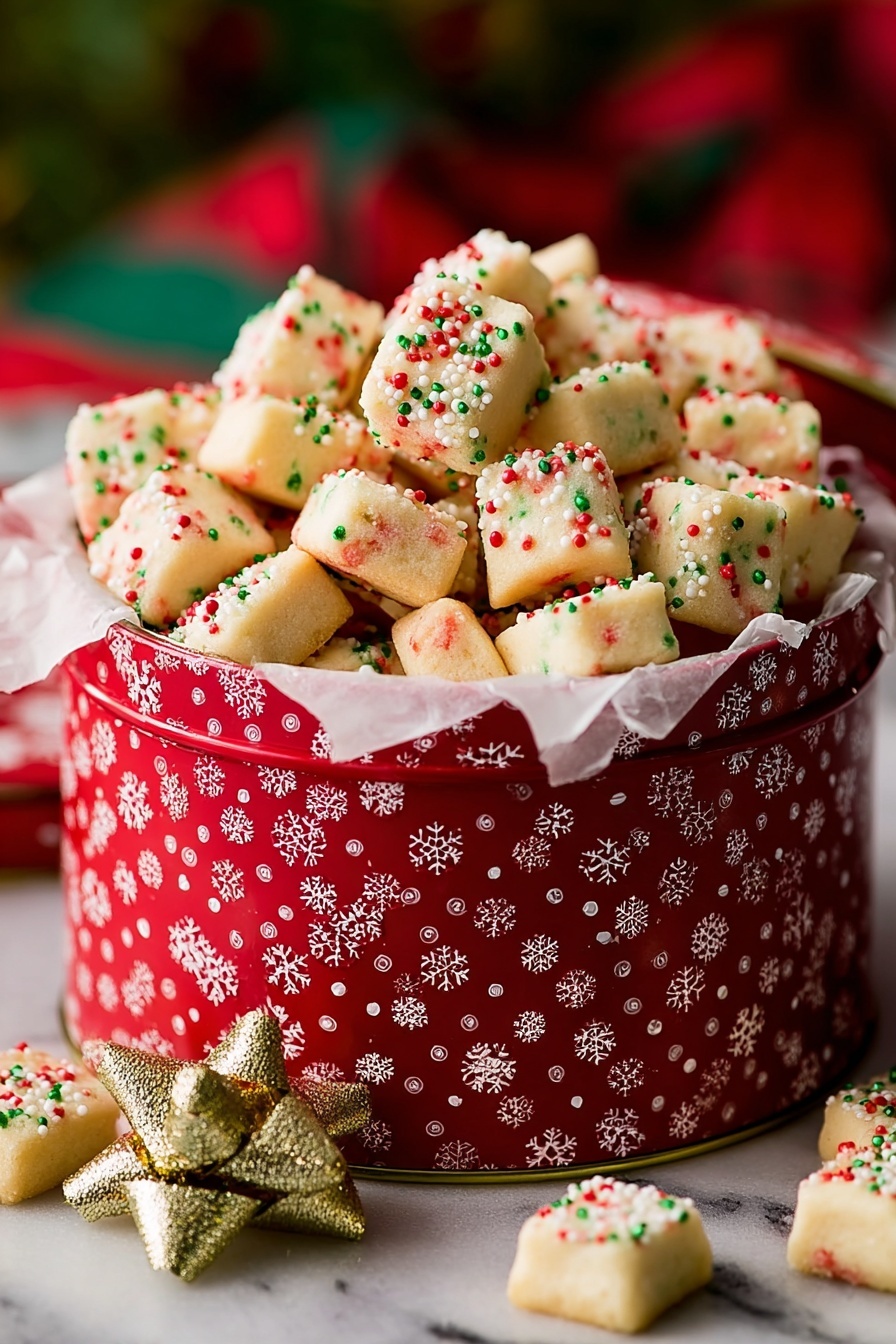 This image shows many small square cookies, each topped with tiny red, green, and white round sprinkles. The cookies have a light golden brown color on the edges and a soft creamy white color in the middle. They are packed closely together, covering the whole frame with no visible background. Each cookie has a slightly rough texture, showing their baked surface. The overall look is bright and festive with the colorful sprinkles standing out against the pale cookie dough. photo taken with an iphone --ar 2:3 --v 7 - Funfetti Shortbread Bites, colorful sprinkles shortbread, easy festive cookies, buttery crumbly treats, holiday party desserts