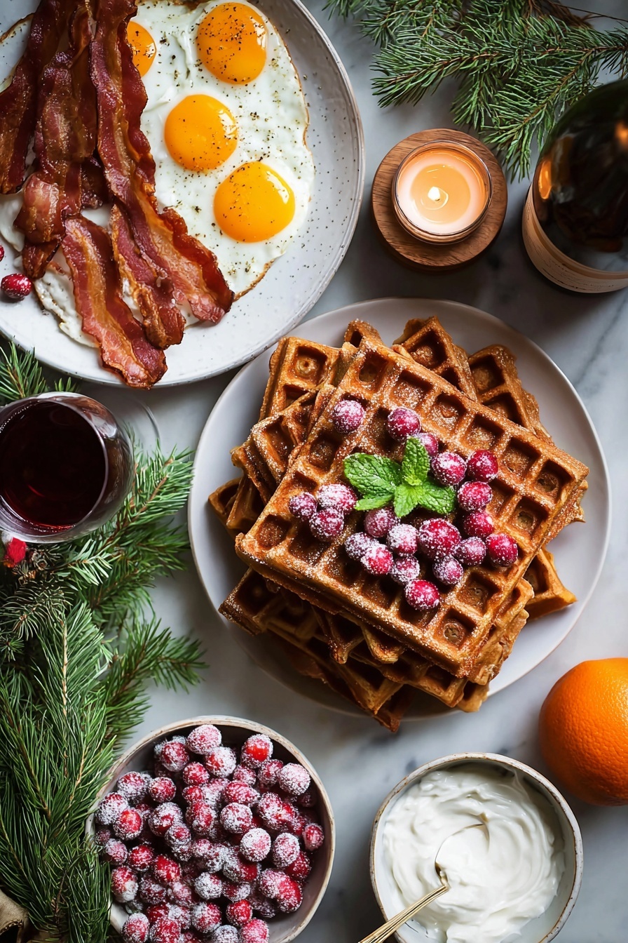 A white round plate is full of square brown waffles stacked in layers, each waffle having a checkered pattern. The waffles are topped with bright red frosted cranberries and a small green mint leaf in the center. To the left of the waffles is a white plate with three crispy brown bacon strips and three fried eggs with bright yellow yolks sprinkled lightly with black pepper. Below the plates is a white bowl filled with frosted cranberries and mint leaves, and next to it is a bowl of white cream. To the right of the plates is a glass of dark red juice or wine and a bottle, beside some green pine branches. An orange sits peeled next to a small lit candle on a wooden holder, all set on a white marbled surface. Photo taken with an iphone --ar 2:3 --v 7 - Gingerbread Waffles with Cream Cheese Glaze, gingerbread waffle recipe, spiced holiday waffles, cozy breakfast waffles, easy gingerbread waffles