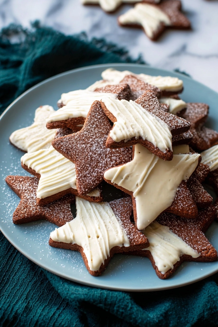 A light blue plate holds a pile of star-shaped cookies with two main layers. The base layer is dark brown with a smooth texture, showing some plain stars with no decoration. The second layer on many cookies features white icing covering half the star or drizzled in thin lines across the top, creating a contrast of colors and textures. There is a sparkle of coarse sugar sprinkled over the cookies and the plate, giving them a sugary shine. The plate sits on a white marbled surface with a dark green cloth nearby. Photo taken with an iphone --ar 2:3 --v 7 - White Chocolate Gingerbread Star Cookies, festive holiday cookies, gingerbread star cookies with white chocolate, spiced holiday cookies, easy gingerbread cookies recipe