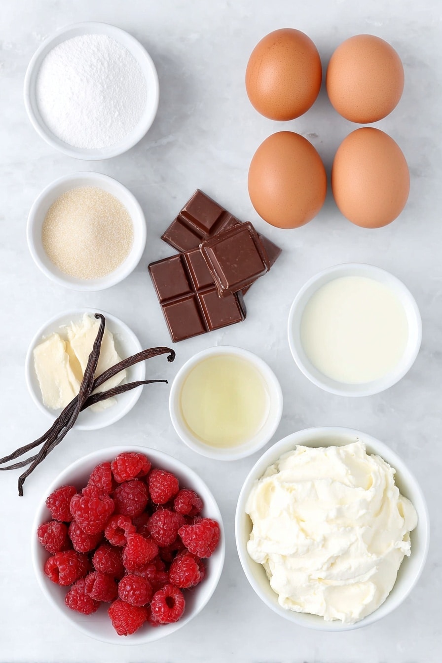 Flat lay of six whole brown eggs with clean shells, a small pile of fine caster sugar, a few vanilla pods with some vanilla beans exposed, a small white bowl of white vinegar, a handful of bright red frozen raspberries, a small white bowl of caster sugar, a block of dark chocolate broken into chunks, a small white bowl of fresh cream, a separate small white bowl of whipped cream, a handful of fresh raspberries, and a small white bowl of icing sugar all arranged with perfect symmetry and balanced proportions on a clean white marble surface, soft natural light, photo taken with an iPhone, professional food photography style, fresh ingredients, white ceramic bowls, no bottles, no duplicates, no utensils, no packaging --ar 2:3 --v 7 --p m7354615311229779997 - Mini Pavlovas with Raspberry Sauce, Pavlova dessert, Raspberry sauce recipe, Elegant mini desserts, Easy pavlova ideas