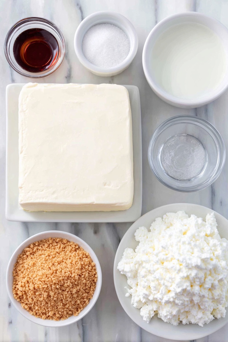 Flat lay of a large block of cream cheese with a smooth, creamy texture, a small white bowl filled with fine granulated sugar, a small white bowl containing fresh milk, a small white bowl holding clear vanilla extract, a generous spoonful of fluffy thawed Cool Whip placed on a simple white ceramic plate, and a small white bowl of golden graham cracker crumbs, all arranged in perfect symmetry on a clean white marble surface, soft natural light, photo taken with an iPhone, professional food photography style, fresh ingredients, white ceramic bowls, no bottles, no duplicates, no utensils, no packaging --ar 2:3 --v 7 --p m7354615311229779997 - Cream Cheese Cheesecake Dip, easy cheesecake dip, no-bake dessert, quick party dip, creamy sweet dip