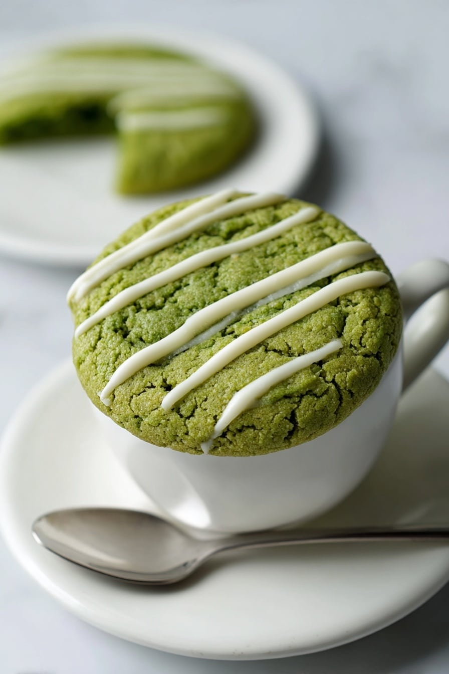 A round green cookie with three thick white creamy lines on top is placed on the rim of a white cup. The cookie has a cracked, textured surface. The cup sits on a white saucer with a shiny silver spoon resting on it. In the background, another green cookie with a piece taken out is slightly blurred on a white marbled surface. The image is softly lit, showing the details of the cookie and cup clearly. photo taken with an iphone --ar 2:3 --v 7 - Matcha Shortbread Cookies, easy matcha cookie recipe, buttery shortbread with matcha, green tea shortbread, homemade matcha cookies