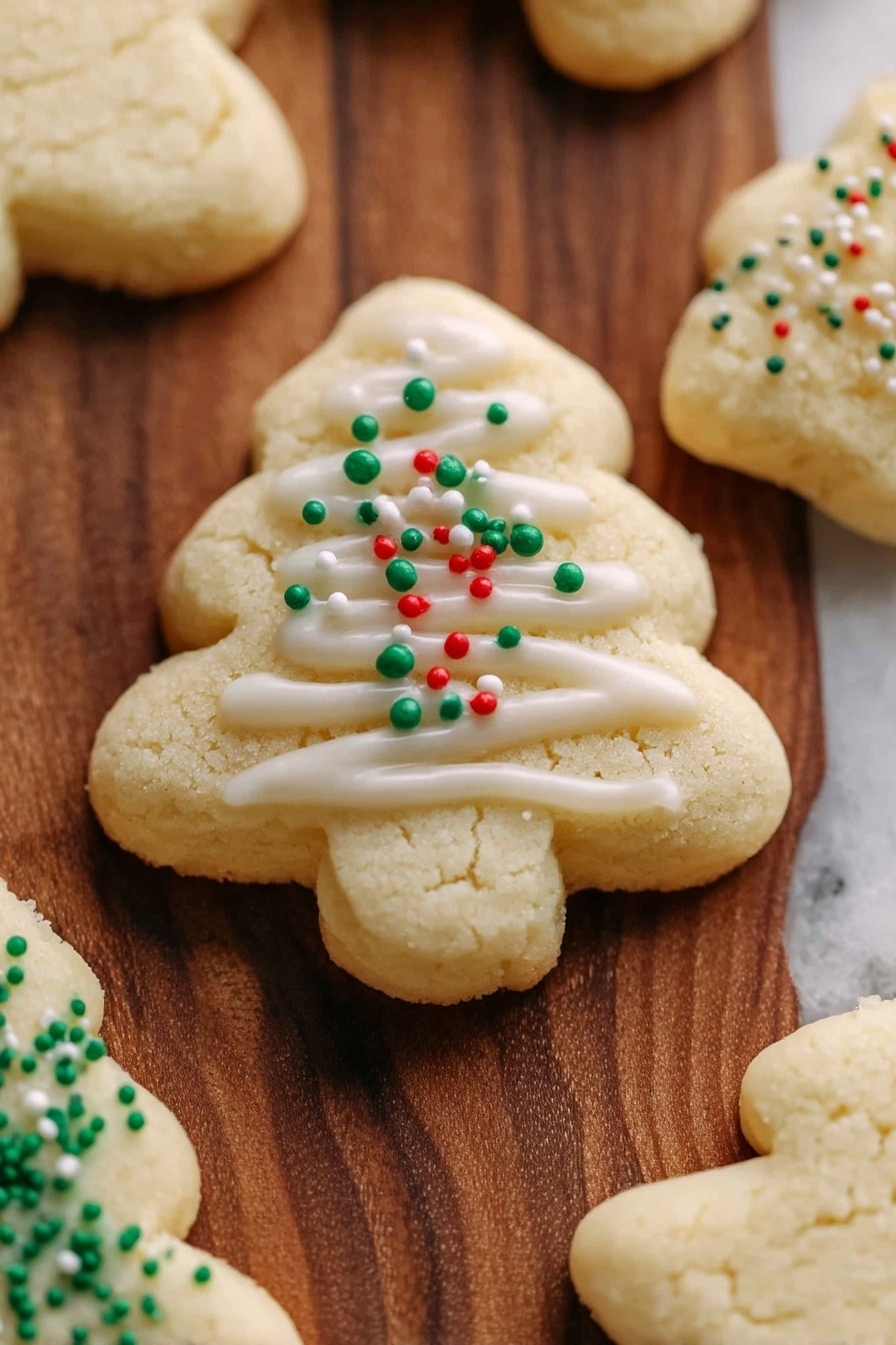 The image shows several cookies arranged on a wooden board placed over a white marbled surface. The cookies have detailed, floral and geometric shapes with smooth, pale yellow bodies. One cookie is shaped like a flower with raised petal-like sections arranged in a circle around a smooth center. The cookies are decorated with small red, white, and green round sprinkles scattered around and on some of them. Some cookies are plain pale yellow, while others are fully frosted in solid bright green with similar sprinkles on top. The texture of the cookies looks soft and slightly bumpy. Photo taken with an iphone --ar 2:3 --v 7 - Spritz Cookies with Almond Icing, festive spritz cookies, almond cookie recipe, holiday cookie ideas, buttery spritz cookies