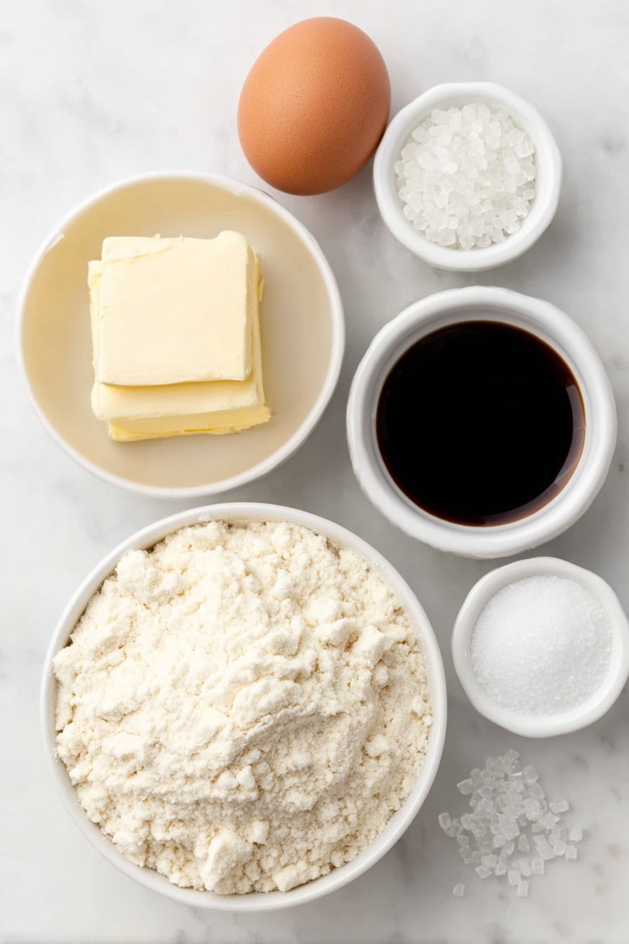 Flat lay of a small square of pale yellow butter, a simple white ceramic bowl filled with fine granulated sugar, a whole uncracked brown egg, a small white bowl with clear vanilla extract, a few grains of coarse kosher salt sprinkled beside a tiny heap of white baking powder, a simple white ceramic bowl heaped with soft all-purpose flour, and a small white bowl holding coarse sparkling sugar crystals arranged symmetrically around the center, all placed on a clean white marble surface, soft natural light, photo taken with an iPhone, professional food photography style, fresh ingredients, white ceramic bowls, no bottles, no duplicates, no utensils, no packaging --ar 2:3 --v 7 --p m7354615311229779997 - Buttery Sugar Cookies, classic sugar cookies, tender buttery cookies, easy cookie recipe, holiday sugar cookies